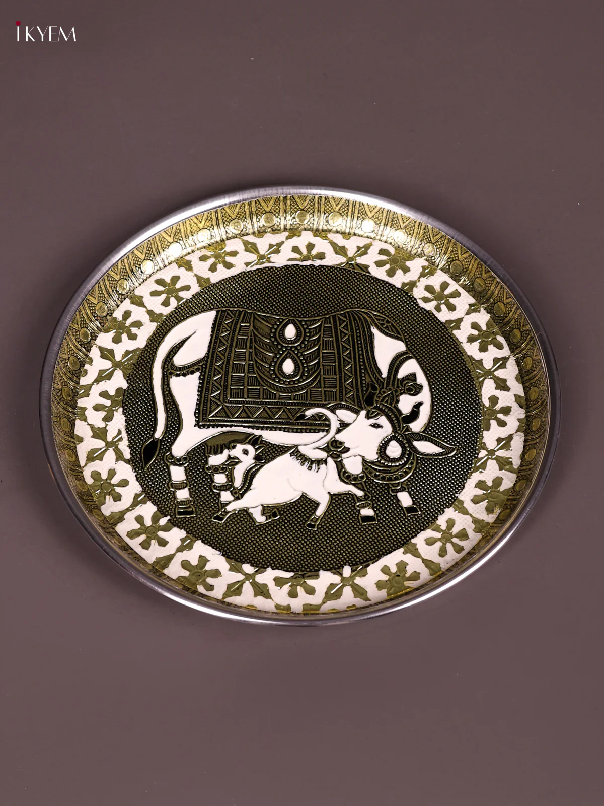White Meenakari Plate with Oxidized Cow&Calf Design-KEF08009