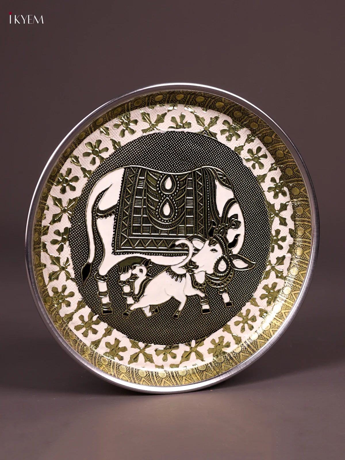 White Meenakari Plate with Oxidized Cow&Calf Design-KEF08009 - Image 3