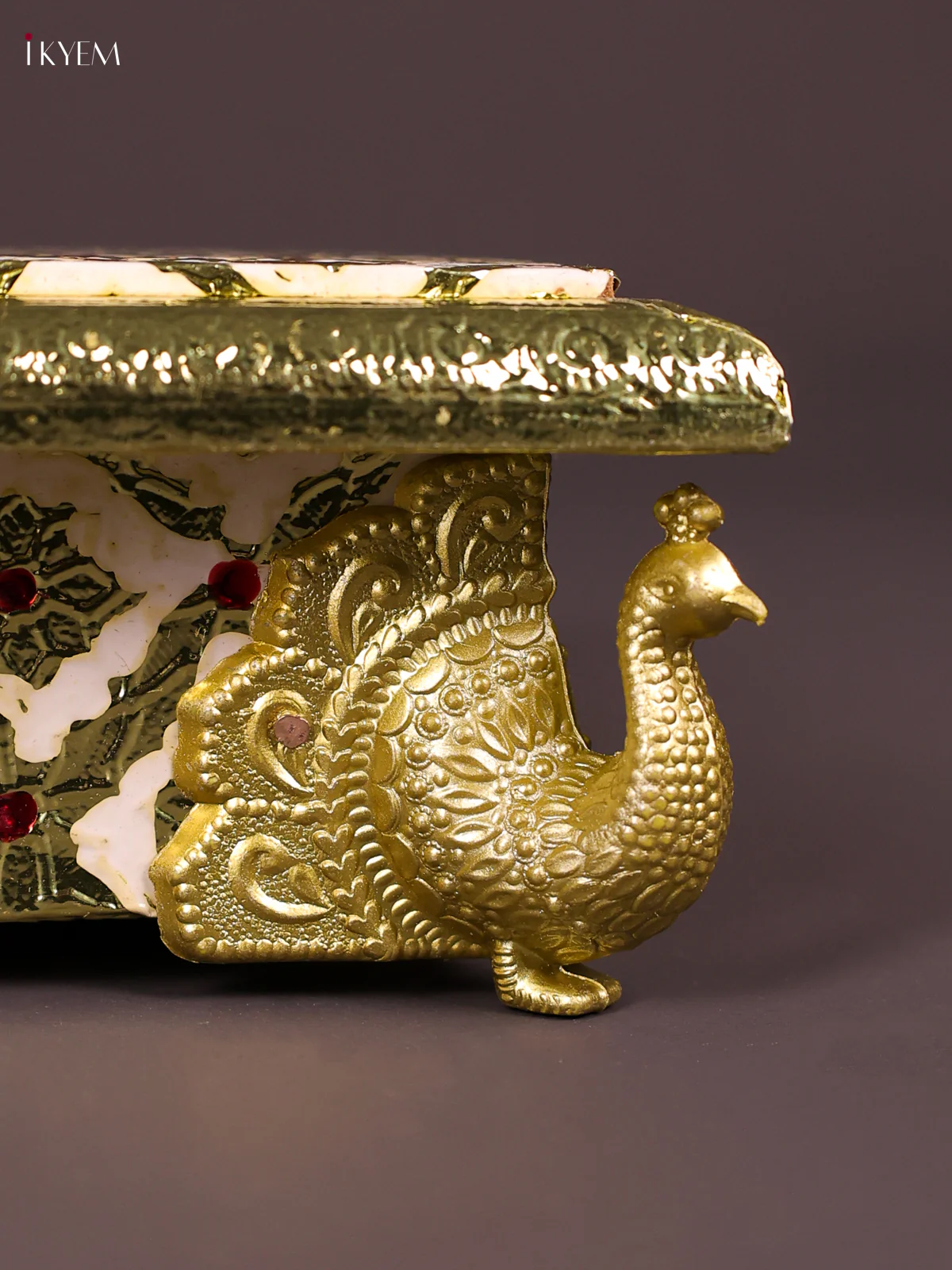 Meenakari Manai with Peacock Embossed Legs (8x12)-White-KEF12014 - Image 2