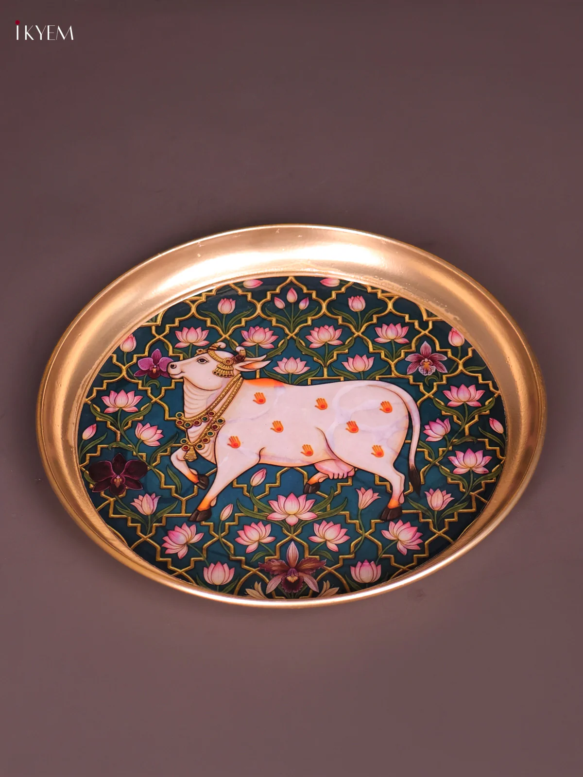 Brass Coated Plate Cow With Lotus -Dark Green-KEF18028