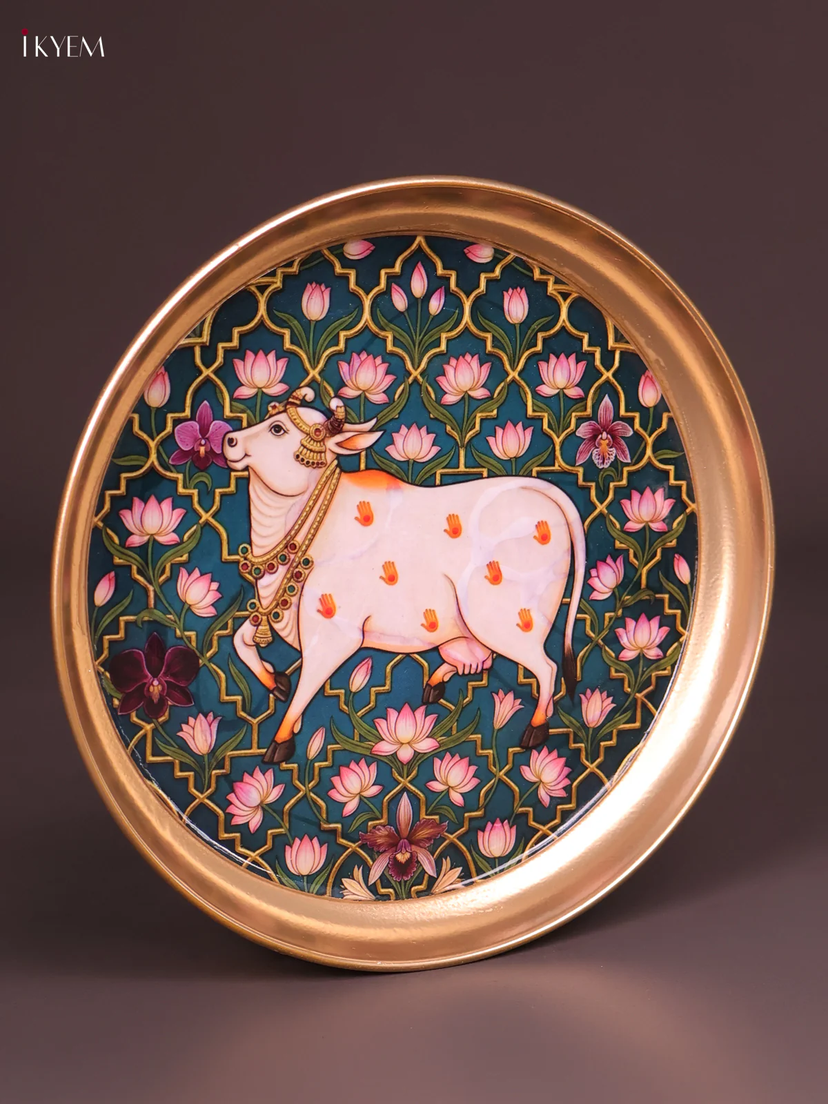 Brass Coated Plate Cow With Lotus -Dark Green-KEF18028 - Image 3