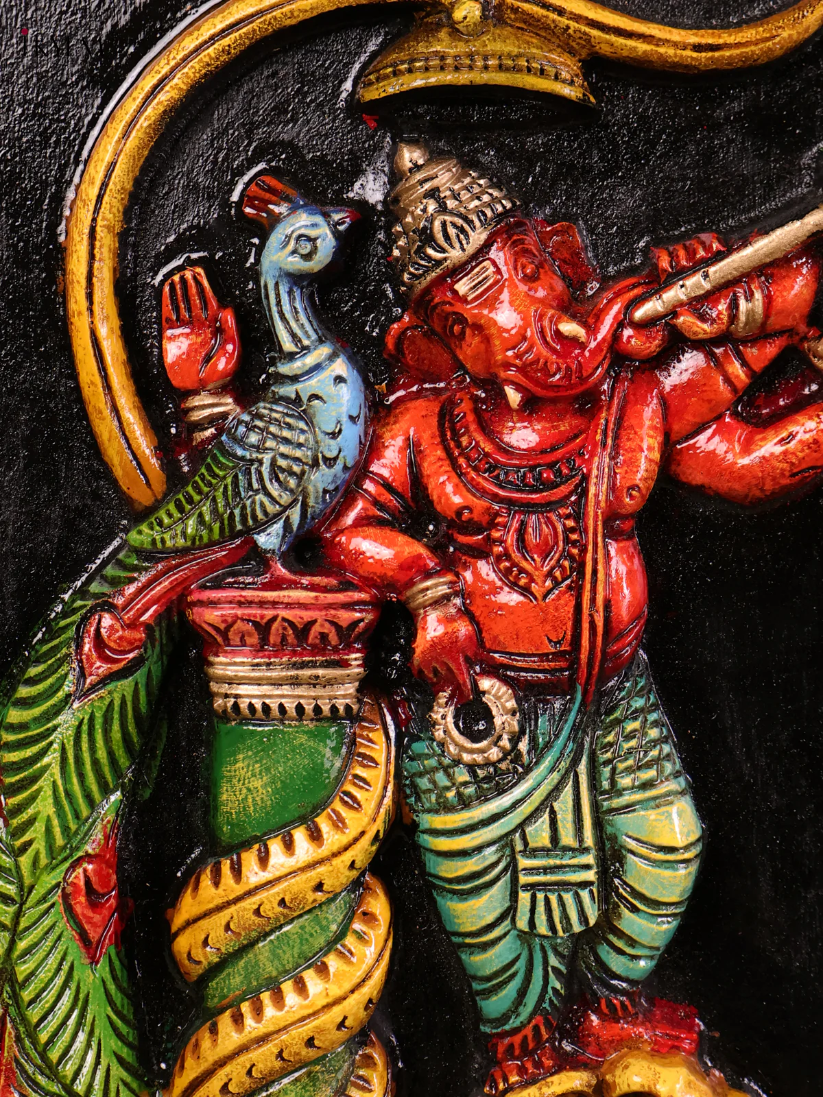 Wooden Hand Carved Painted Flute Ganesha Panel(18x10)-KEF20009 - Image 2