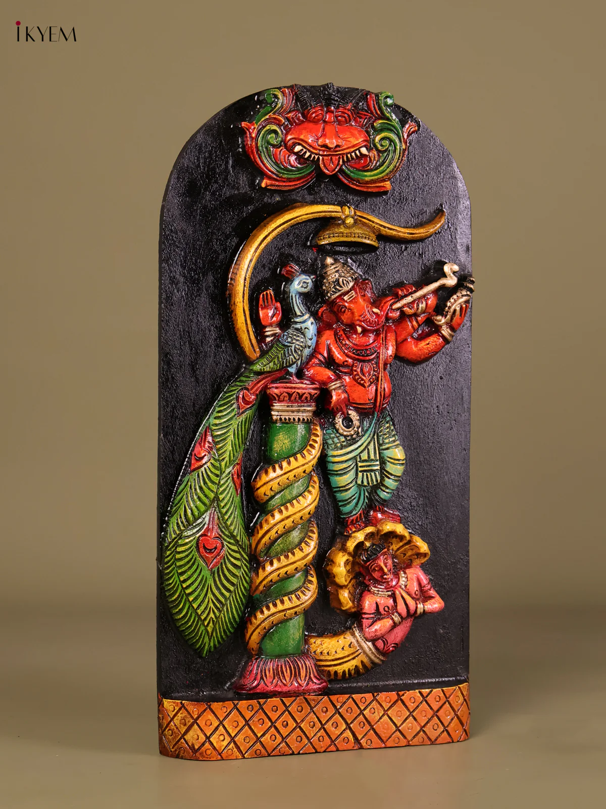 Wooden Hand Carved Painted Flute Ganesha Panel(18x10)-KEF20009 - Image 3