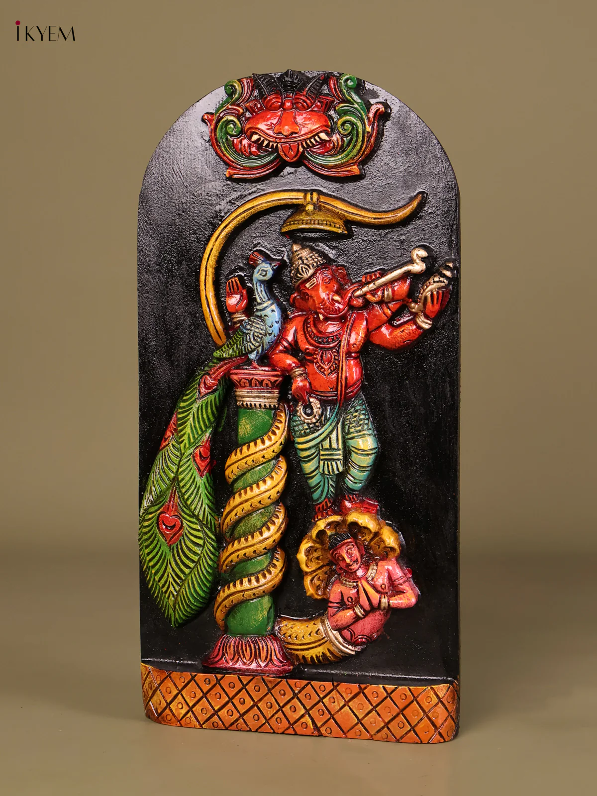 Wooden Hand Carved Painted Flute Ganesha Panel(18x10)-KEF20009 - Image 4