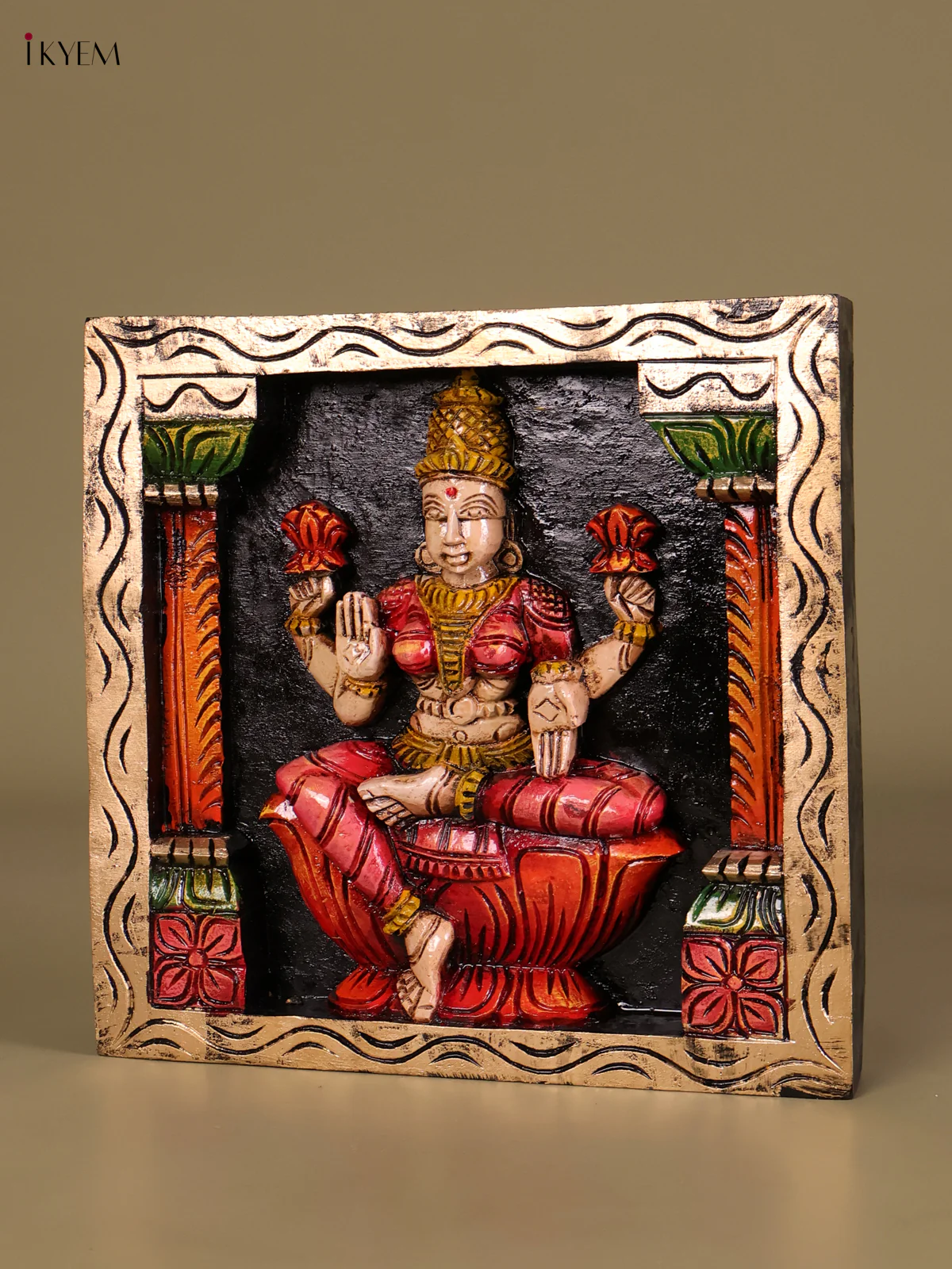 Wooden Hand Carved Painted Lakshmi Panel(12x12)-KEF20014 - Image 3
