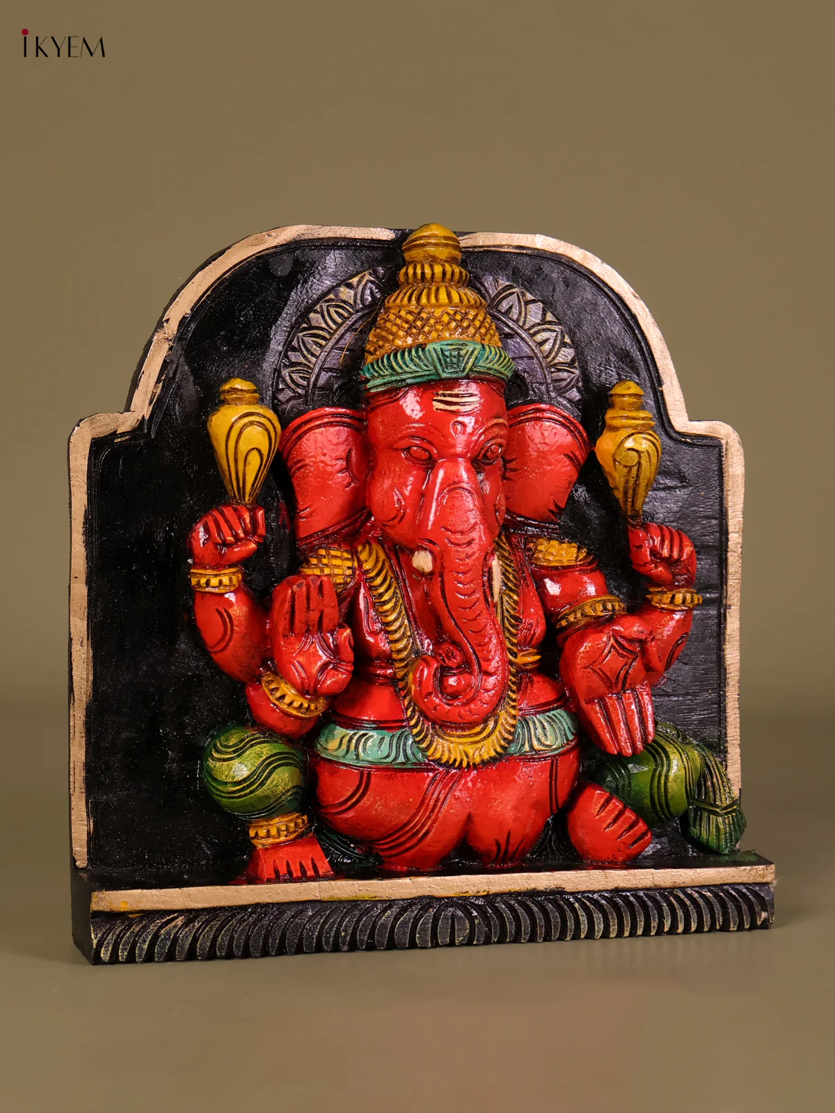 Wooden Hand Carved Painted Ganesha Panel(12x12)-KEF20020 - Image 2