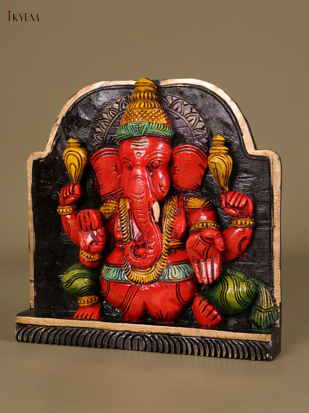 Wooden Hand Carved Painted Ganesha Panel(12x12)-KEF20020 - Image 3