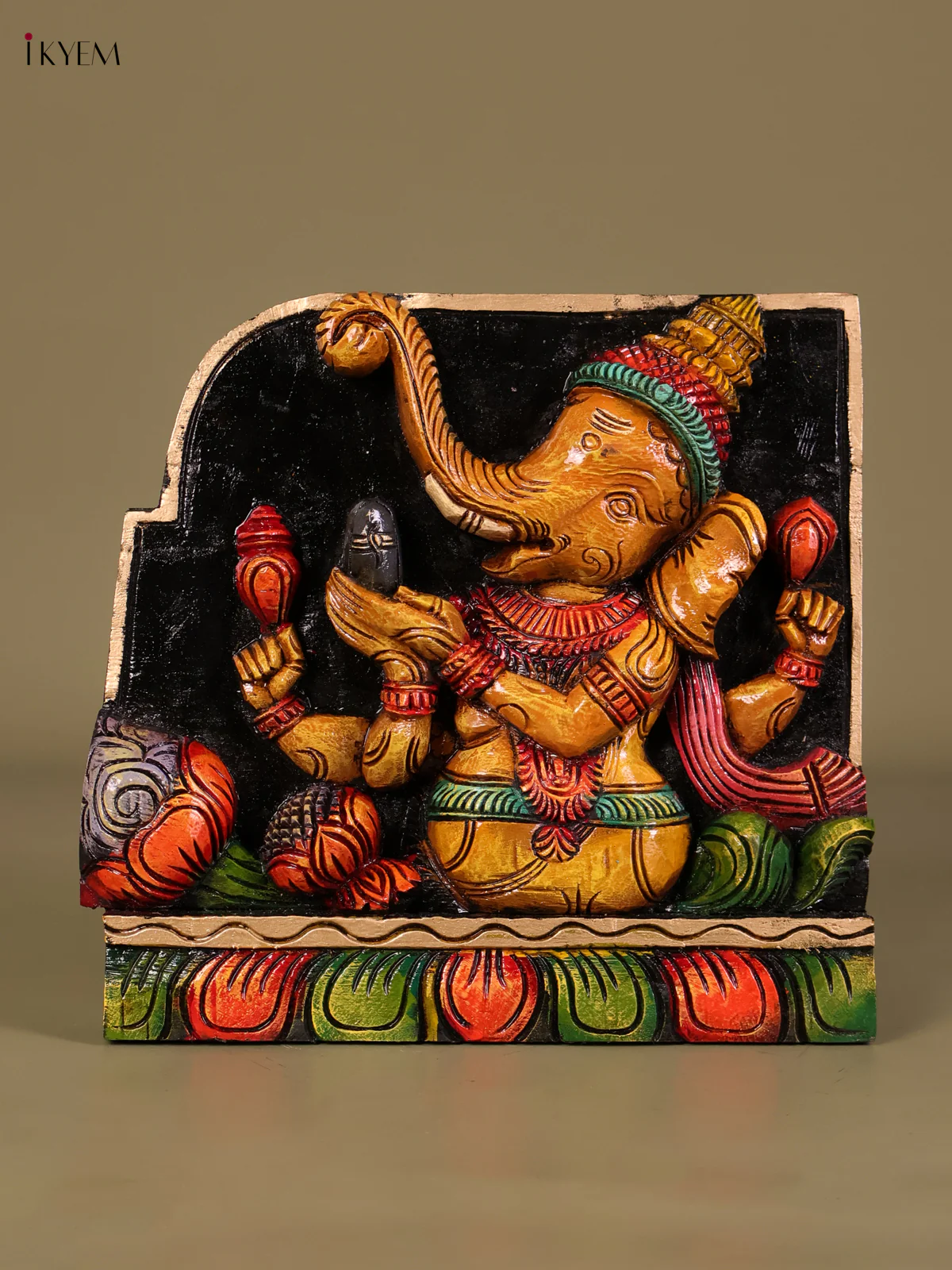 Wooden Hand Carved Painted Ganesha Panel(12x12)-KEF20021