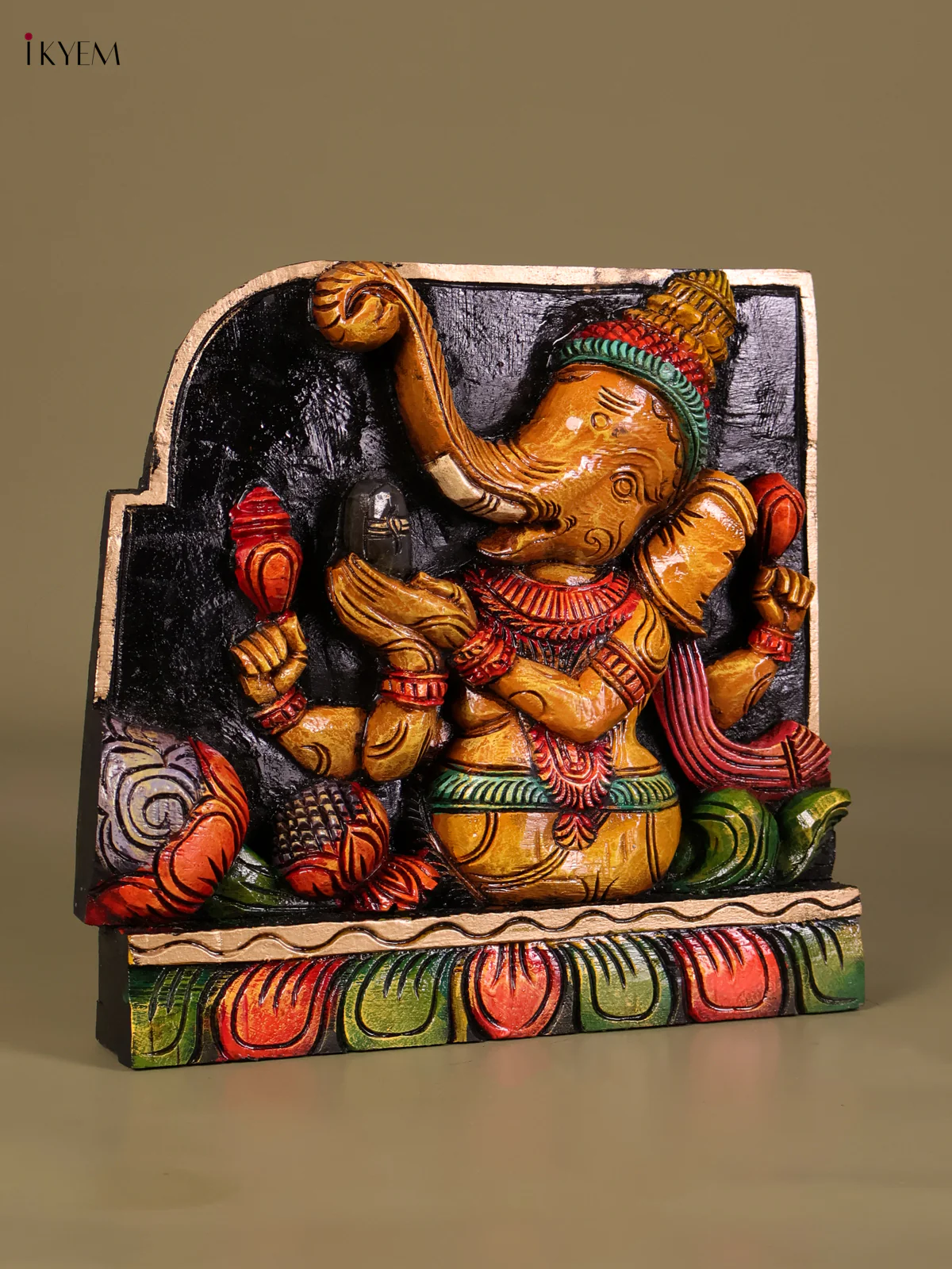 Wooden Hand Carved Painted Ganesha Panel(12x12)-KEF20021 - Image 2