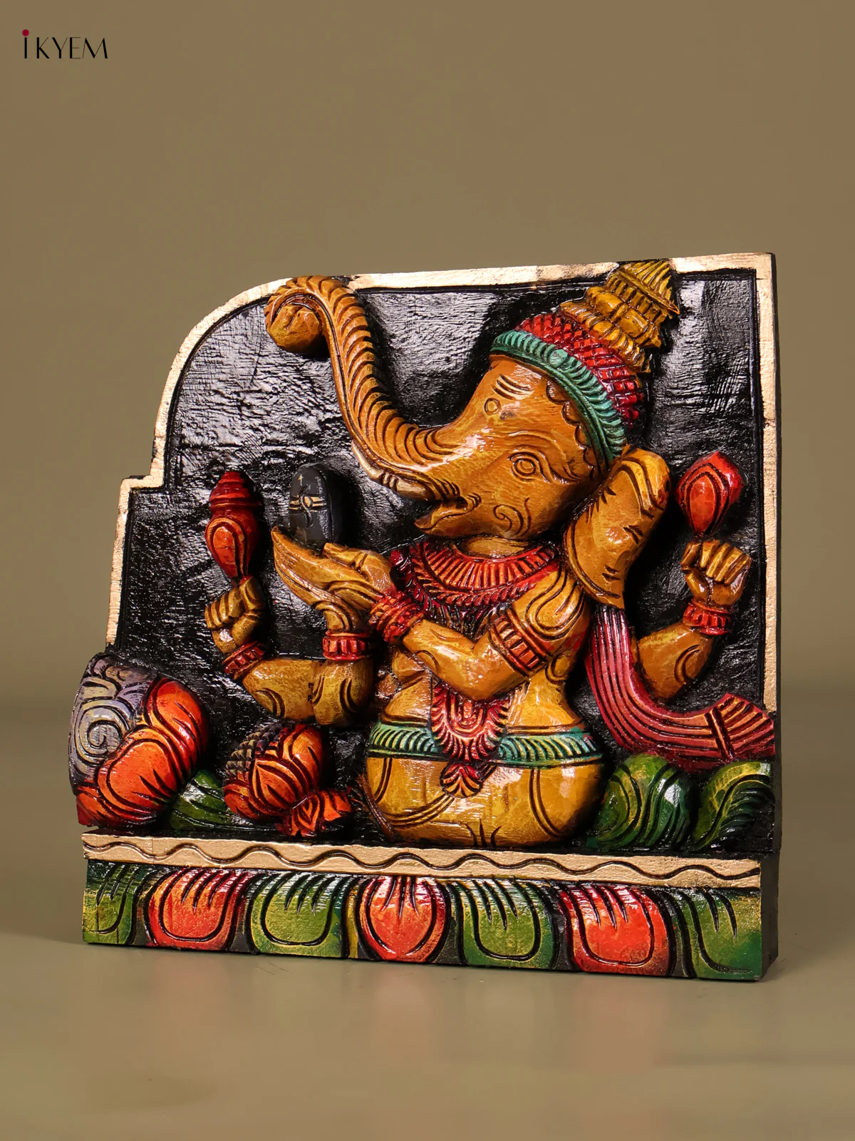 Wooden Hand Carved Painted Ganesha Panel(12x12)-KEF20021 - Image 3