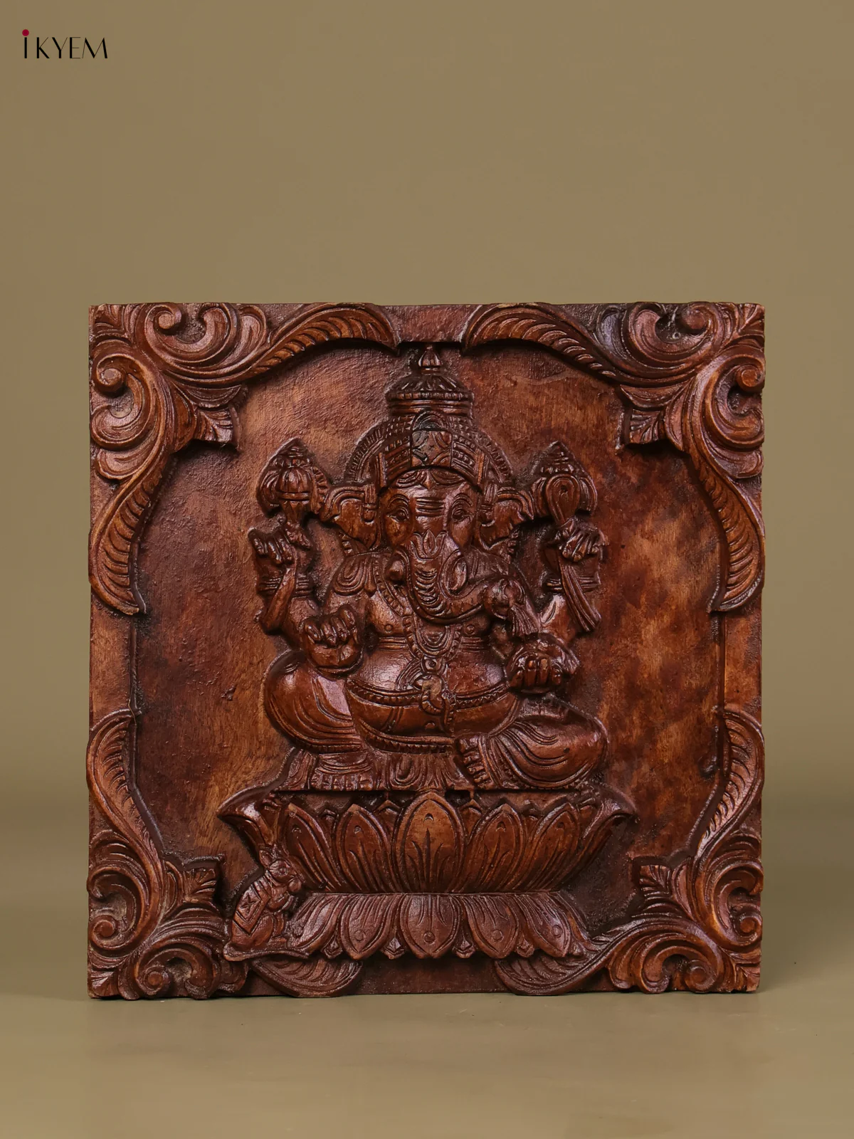 Wooden Hand Carved Ganesha Panel(12x12)-KEF20029