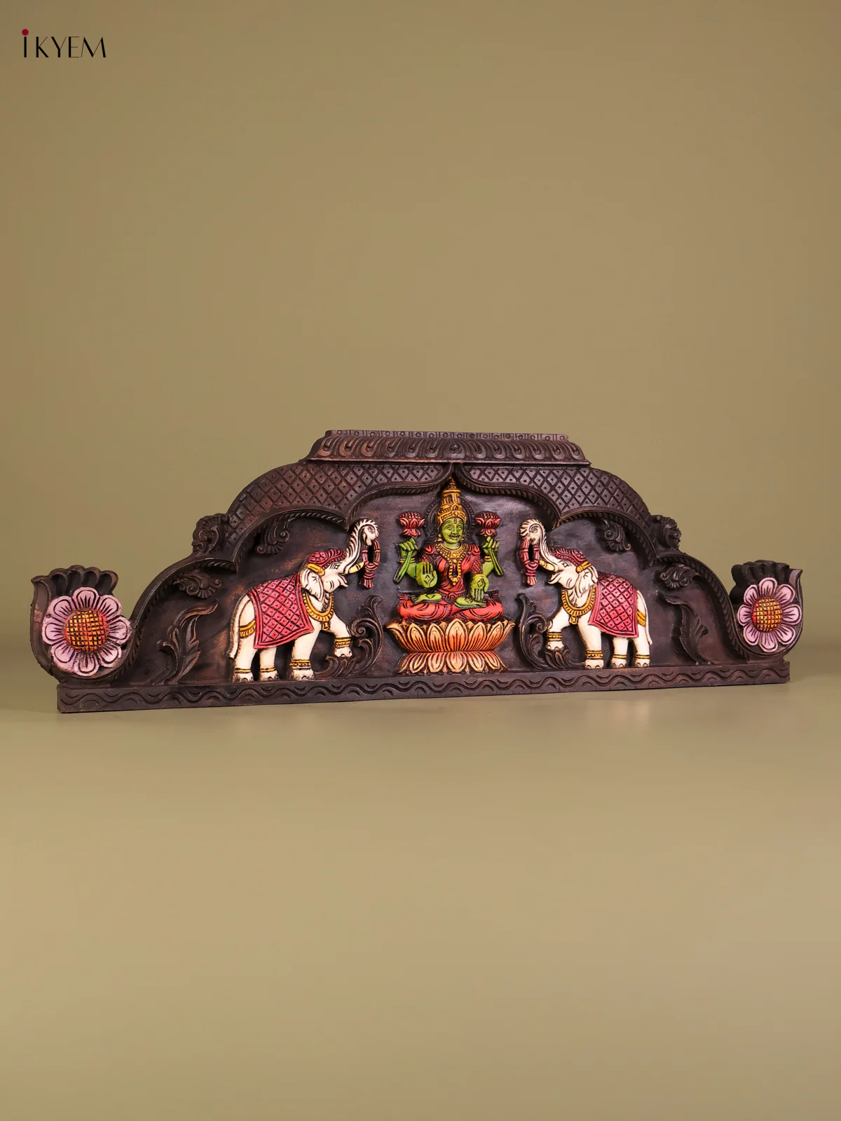 Wooden Hand Carved Painted Gajalakshmi Panel(12x26)-KEF20033 - Image 5