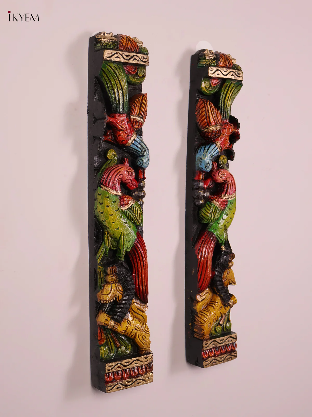 Wooden Hand Carved Painted Parrot with Yali Verticles Set (24x4)-KEF20049 - Image 5