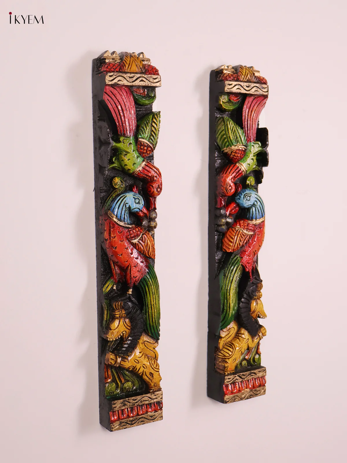 Wooden Hand Carved Painted Parrot with Yali Verticles Set (24x4)-KEF20050 - Image 5