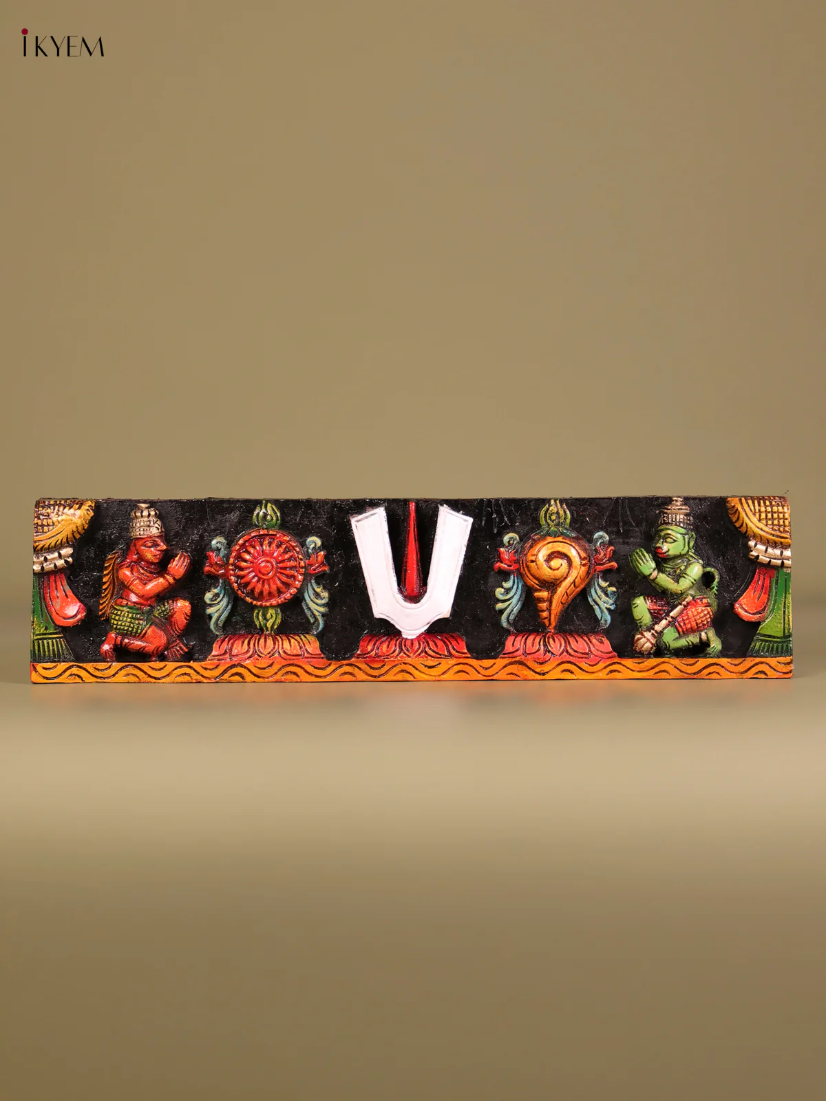 Wooden Hand Carved Painted Shank Chakram Namam Panel(24x6)-KEF20052