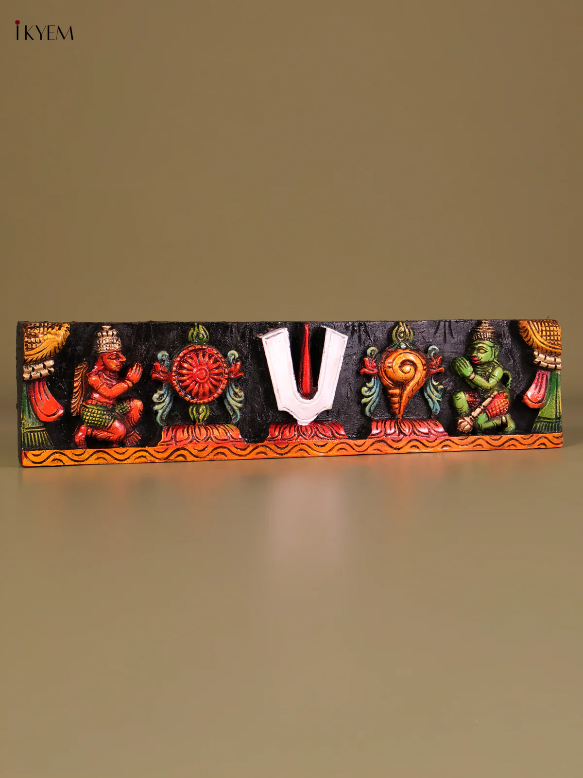 Wooden Hand Carved Painted Shank Chakram Namam Panel(24x6)-KEF20052 - Image 4