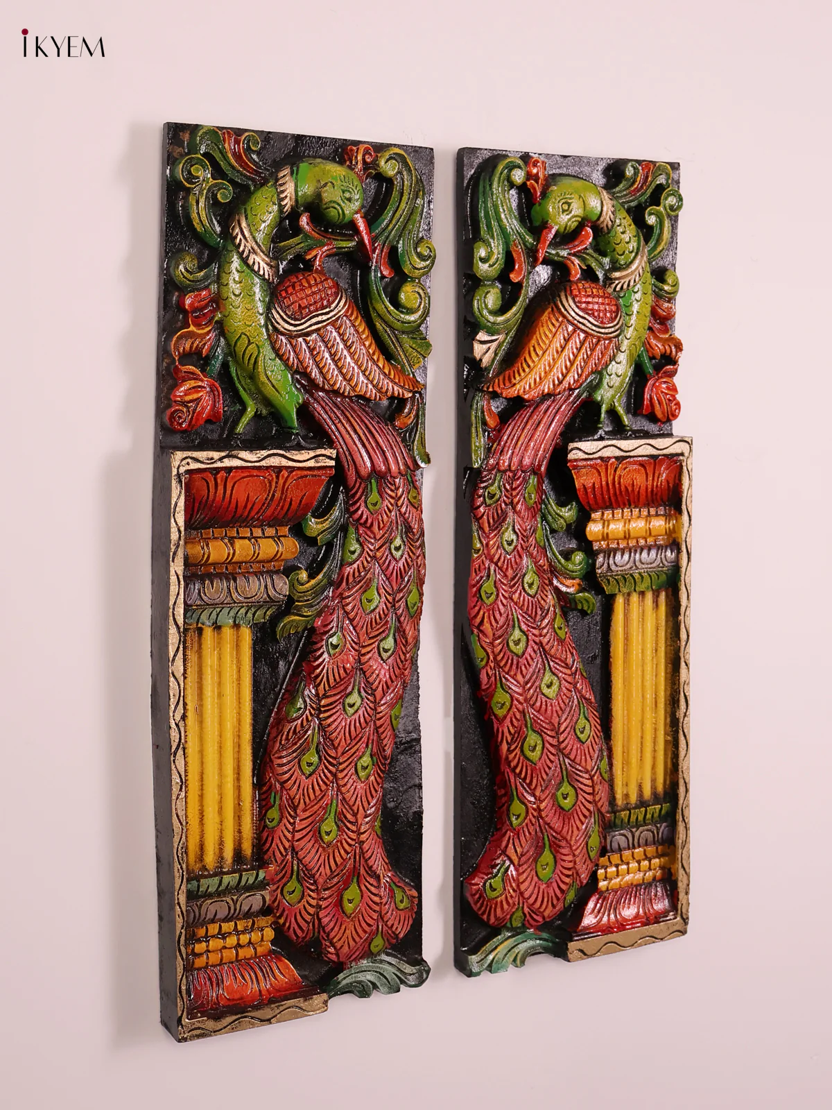 Wooden Hand Carved Painted Peacock Verticles Set (8x24)-KEF20054 - Image 2