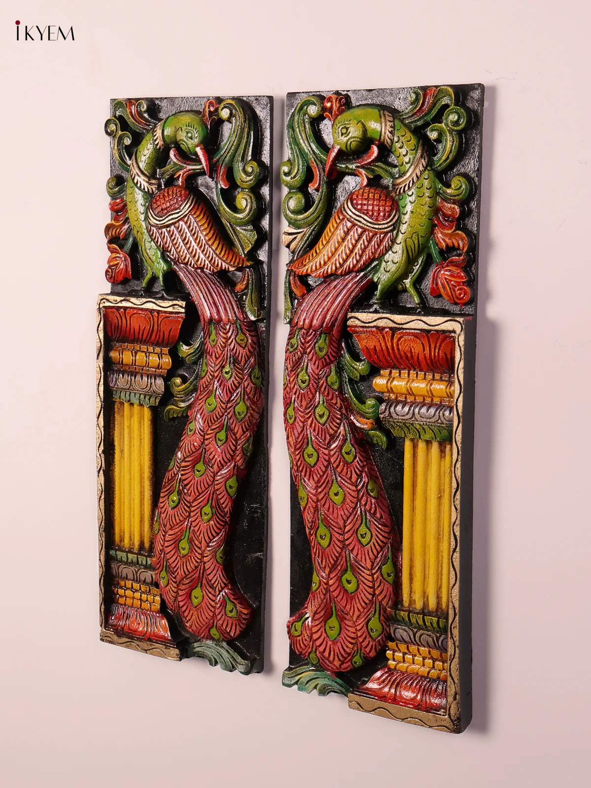 Wooden Hand Carved Painted Peacock Verticles Set (8x24)-KEF20054 - Image 4