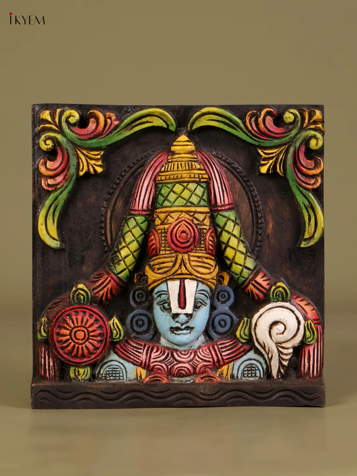 Wooden Hand Carved Painted Balaji Panel (9x9)-KEF20055