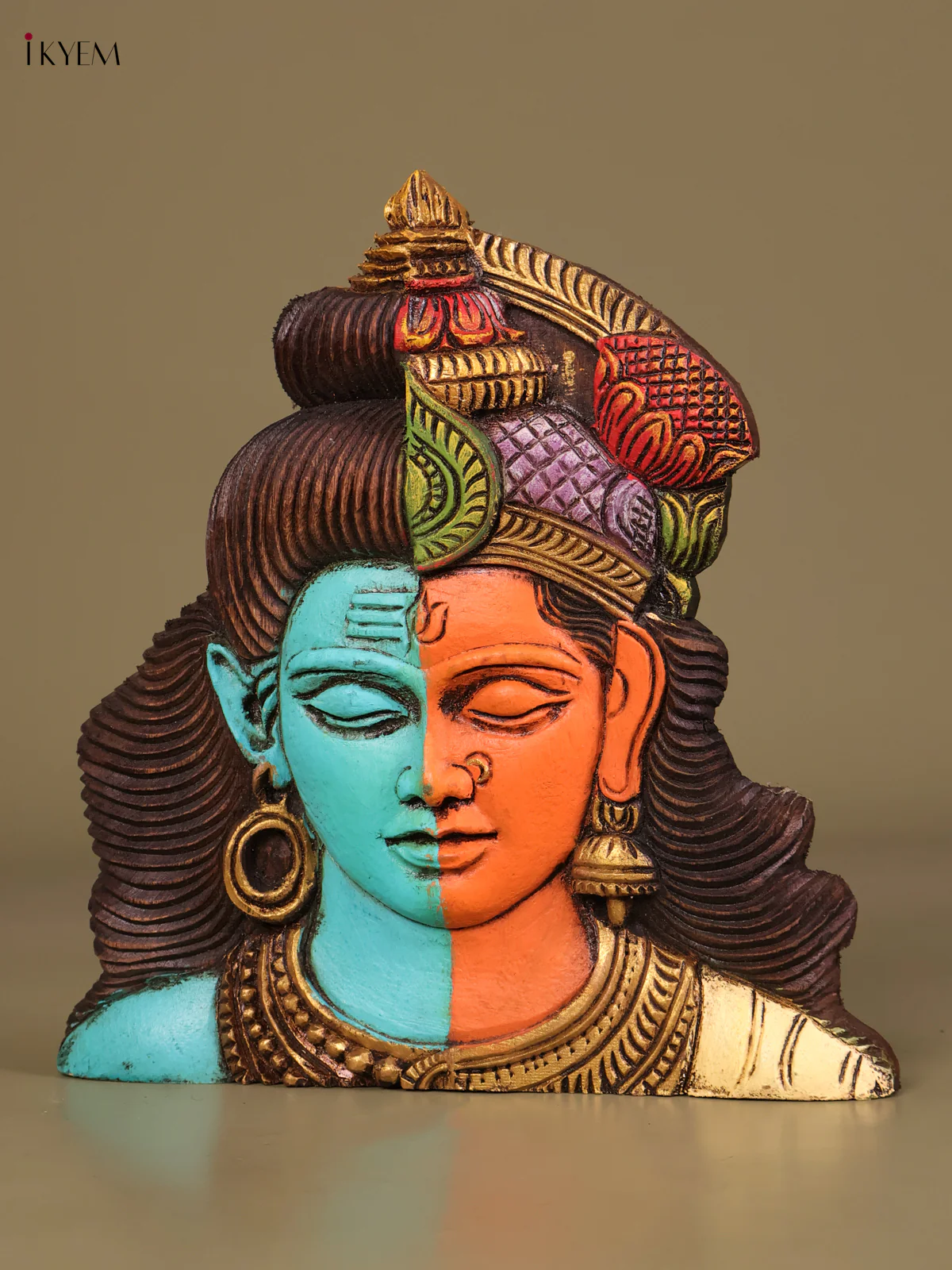 Wooden Hand Carved Painted Arthanatheswarar Face (10x10)-KEF20056 - Image 3