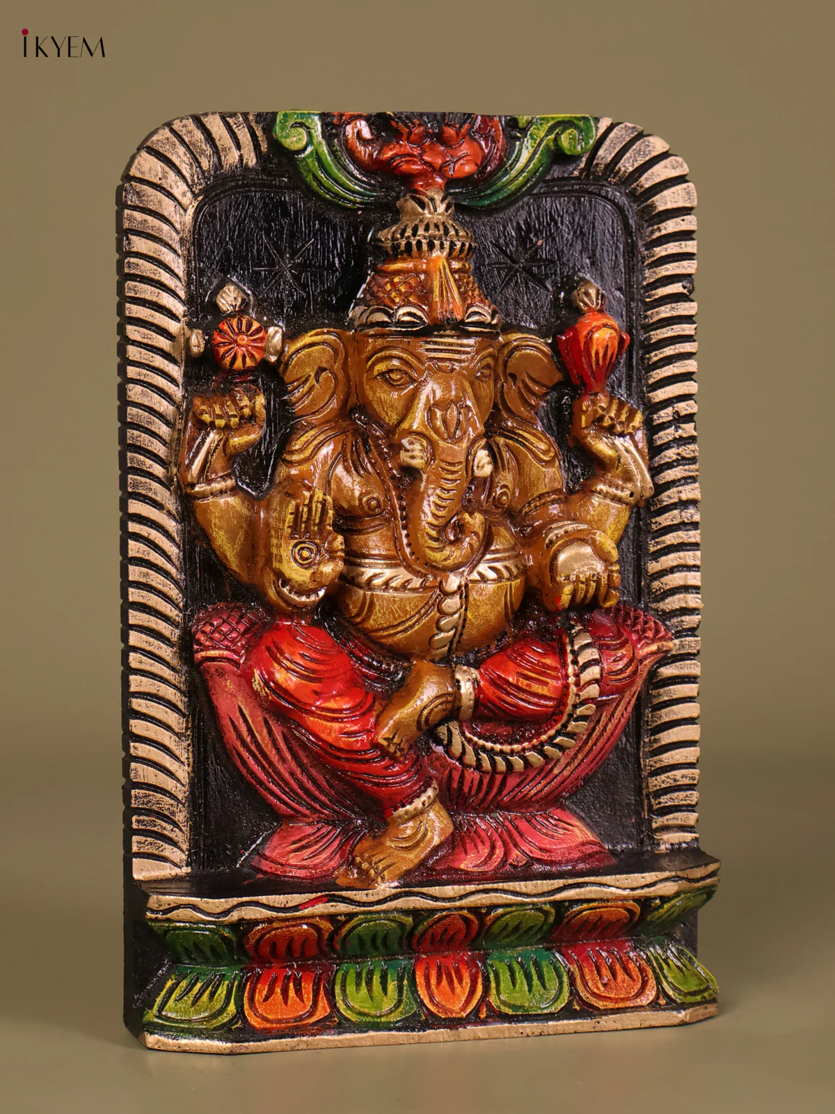 Wooden Hand Carved Painted Ganesha Panel (12x8)-KEF20058 - Image 2