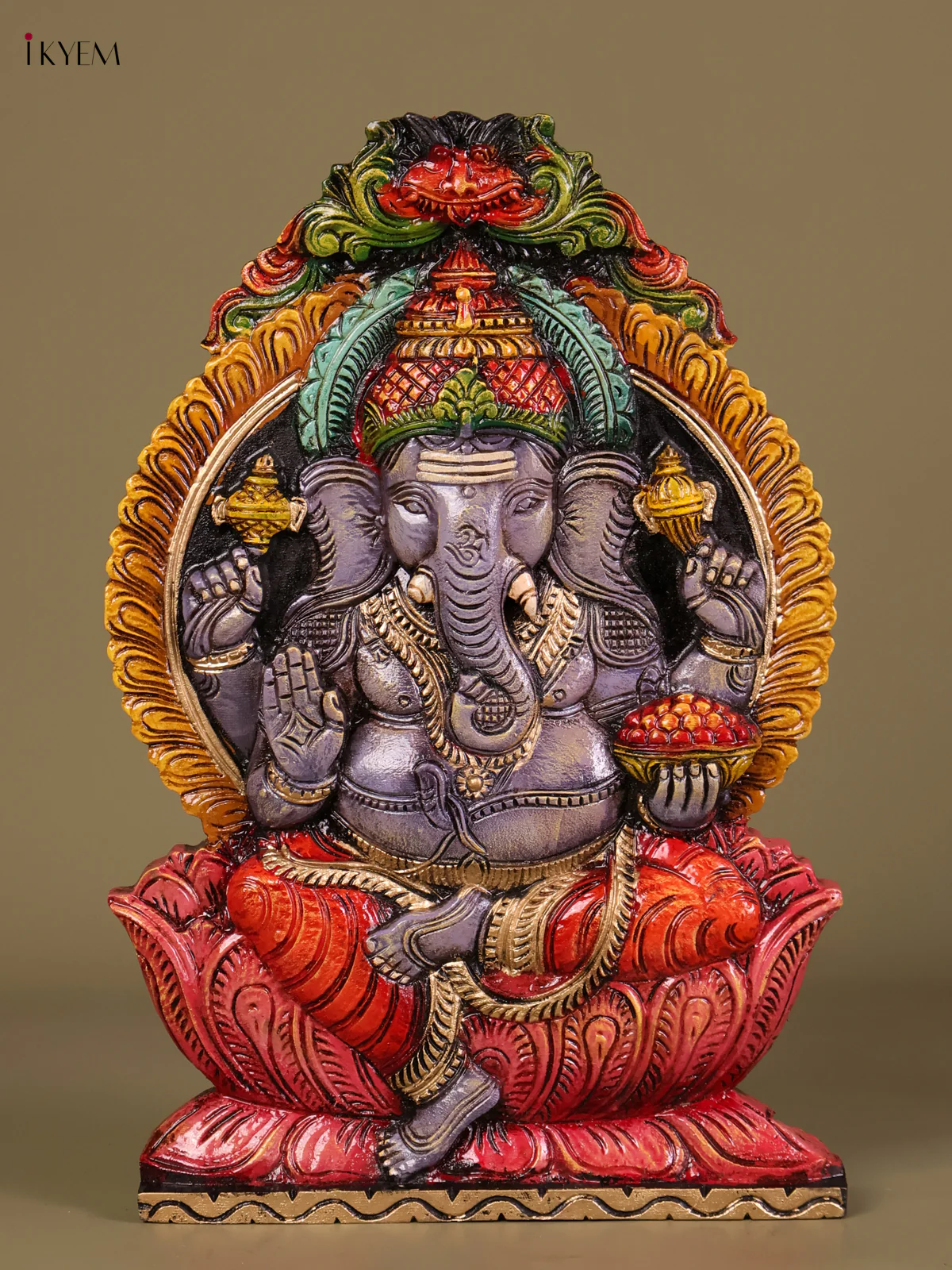Wooden Hand Carved Painted Ganesha Panel (18x12)-KEF20073