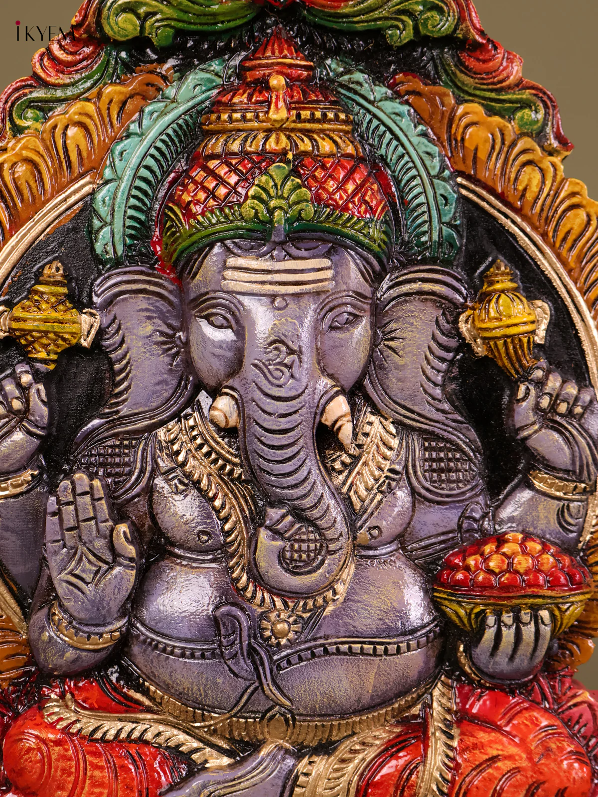 Wooden Hand Carved Painted Ganesha Panel (18x12)-KEF20073 - Image 2