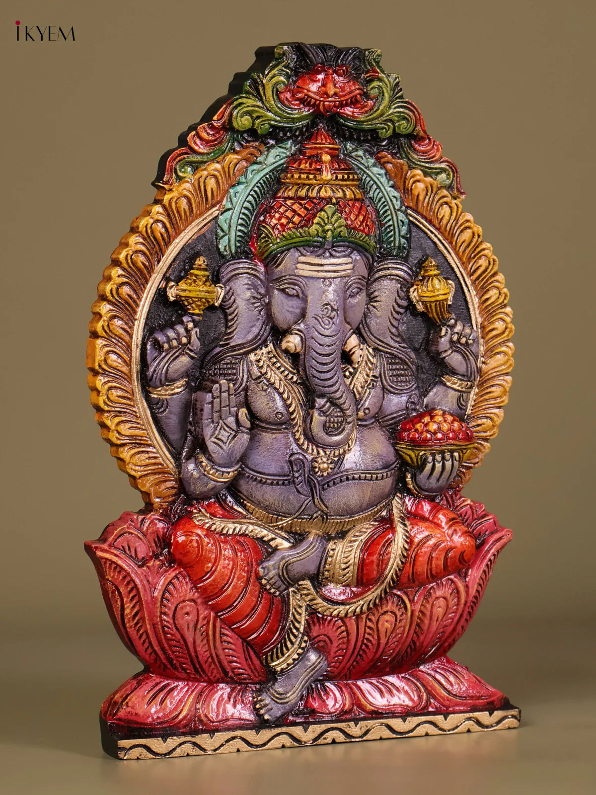 Wooden Hand Carved Painted Ganesha Panel (18x12)-KEF20073 - Image 3