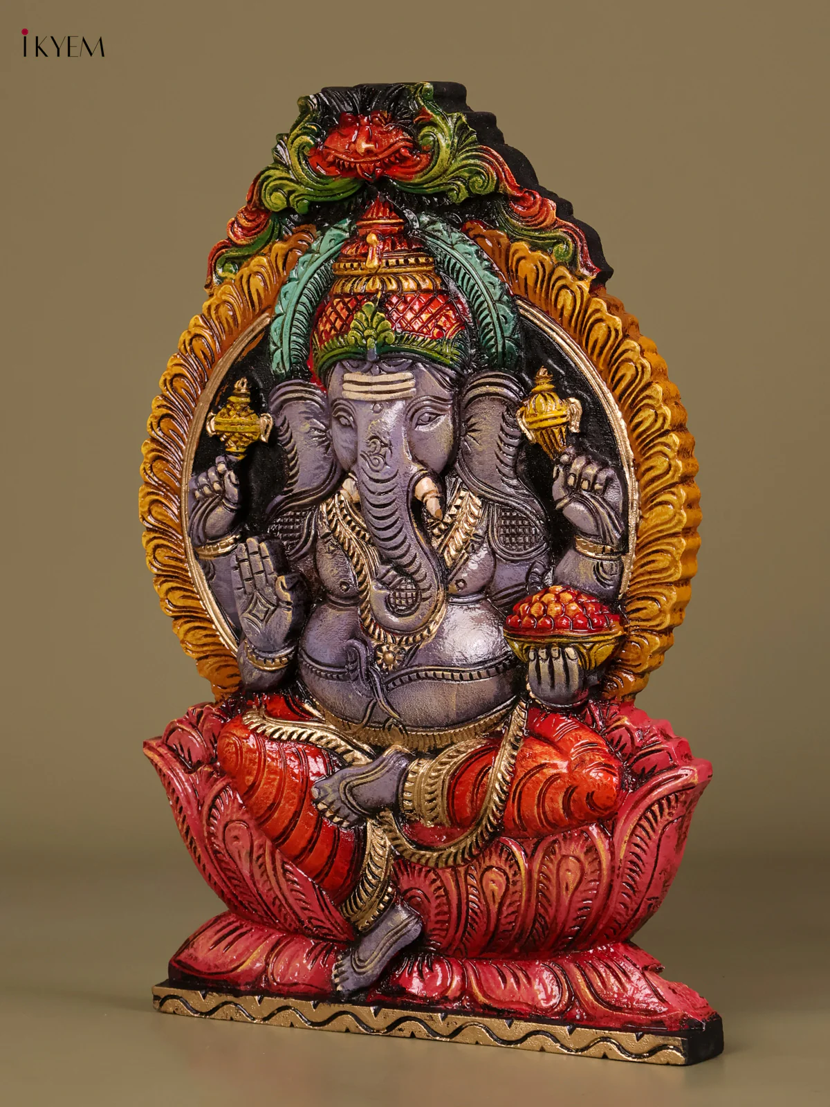 Wooden Hand Carved Painted Ganesha Panel (18x12)-KEF20073 - Image 4