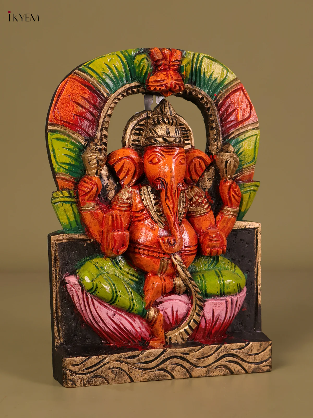 Wooden Hand Carved Painted Ganesha Panel (12x8)-KEF20079 - Image 3