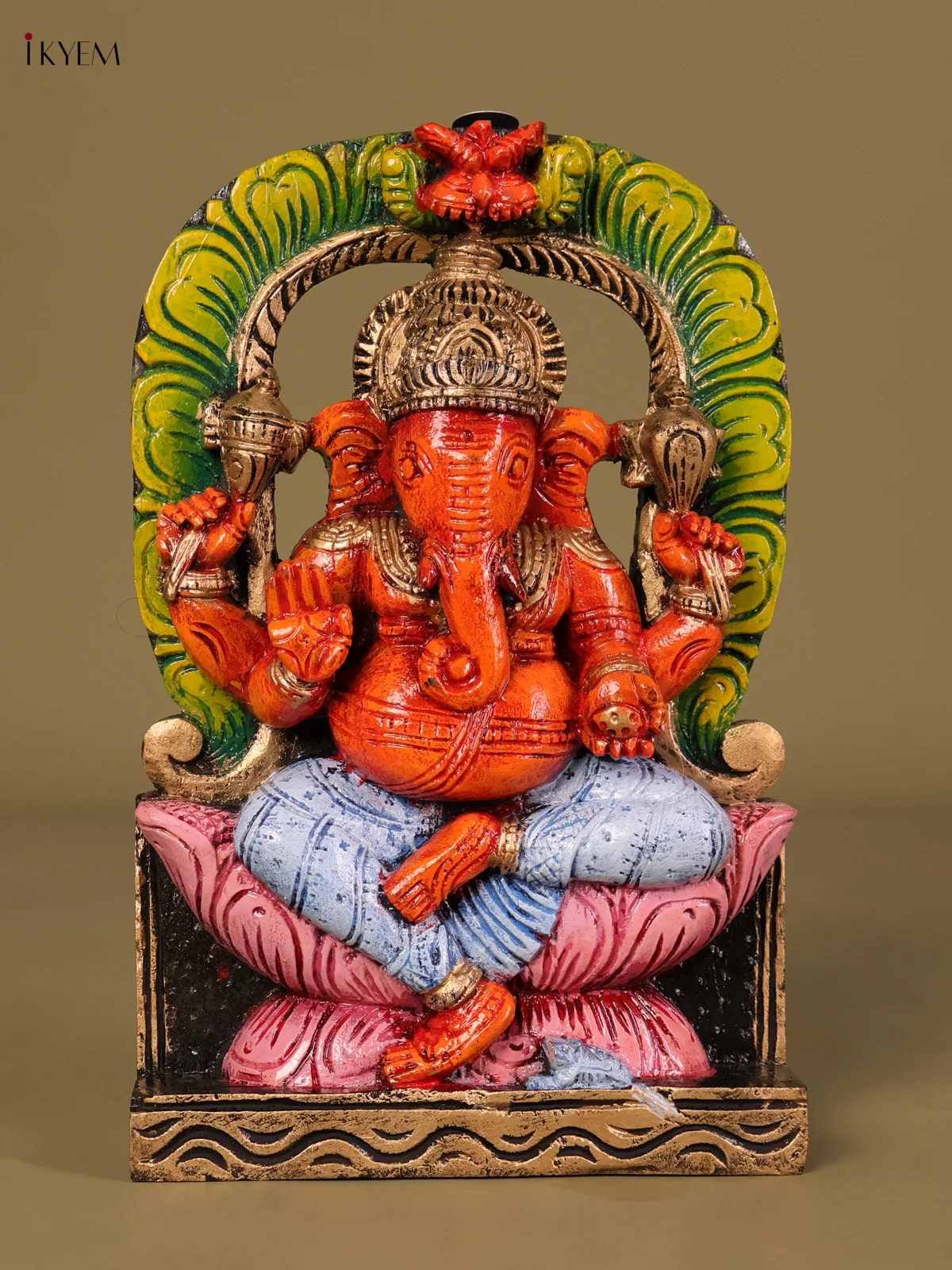 Wooden Hand Carved Painted Ganesha Panel (12x8)-KEF20082