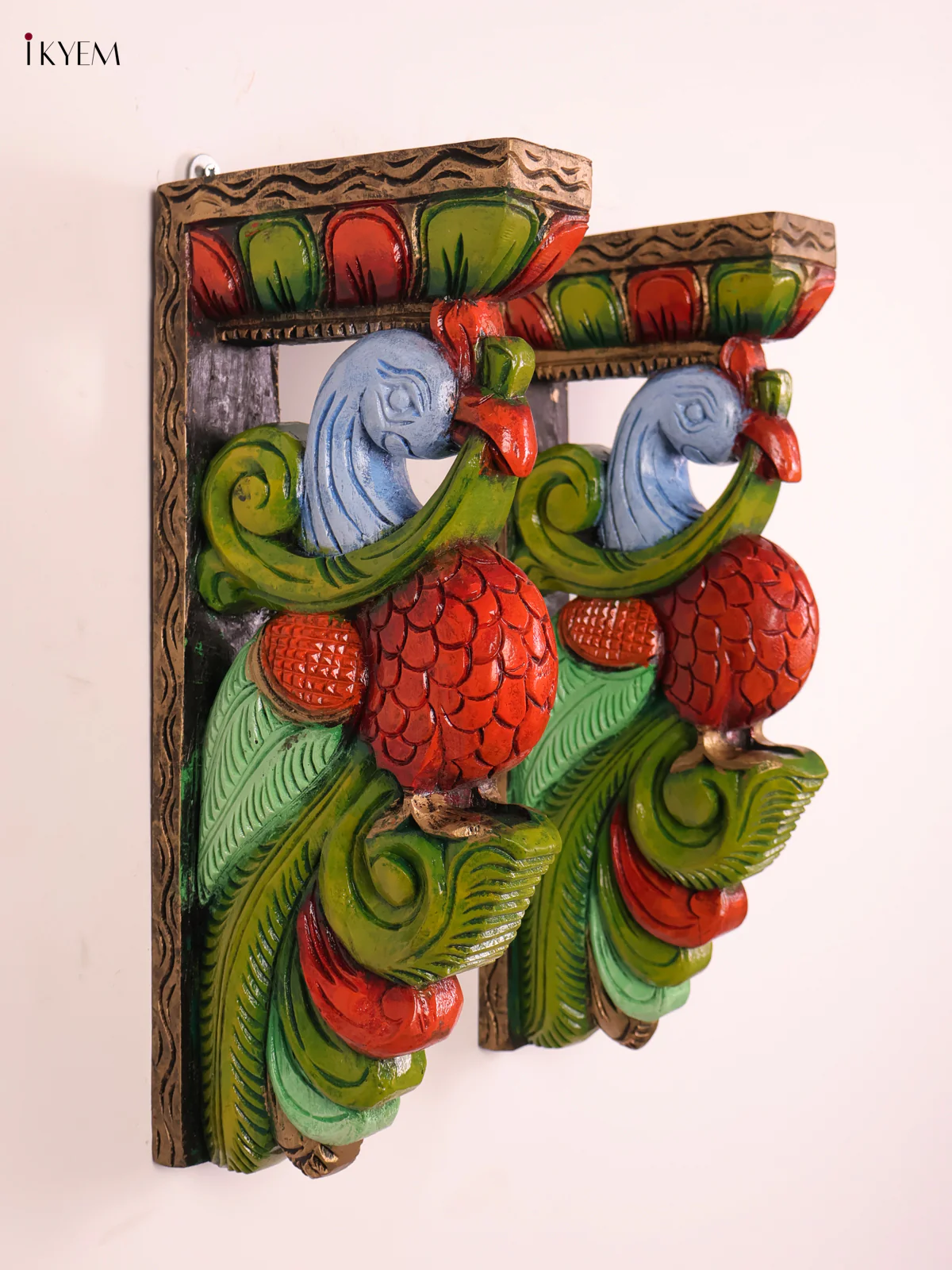 Wooden Hand Carved Painted Parrot Wall Braket Set 18x8-KEF20087