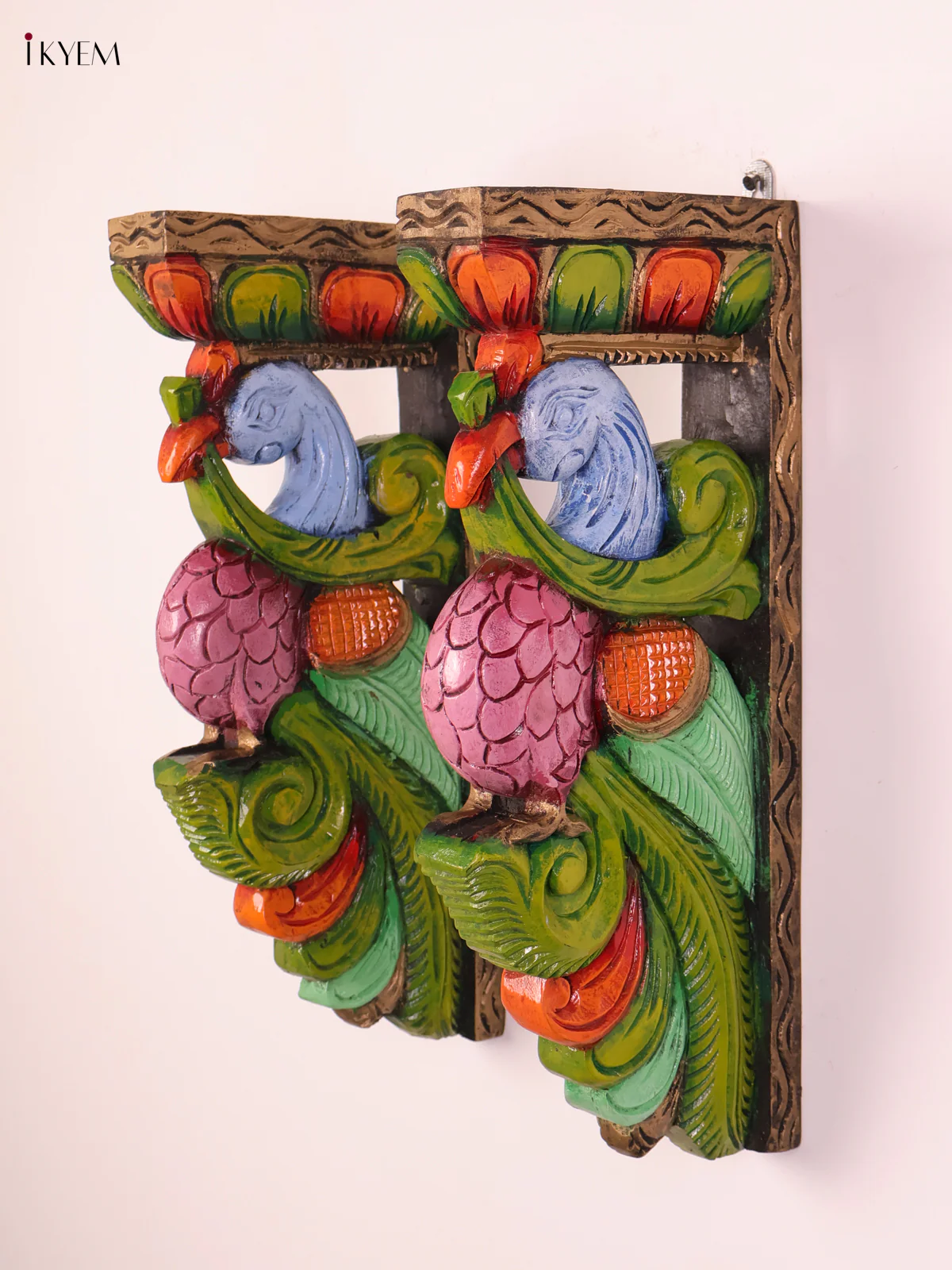 Wooden Hand Carved Painted Parrot Wall Braket Set 18x8-KEF20089 - Image 3