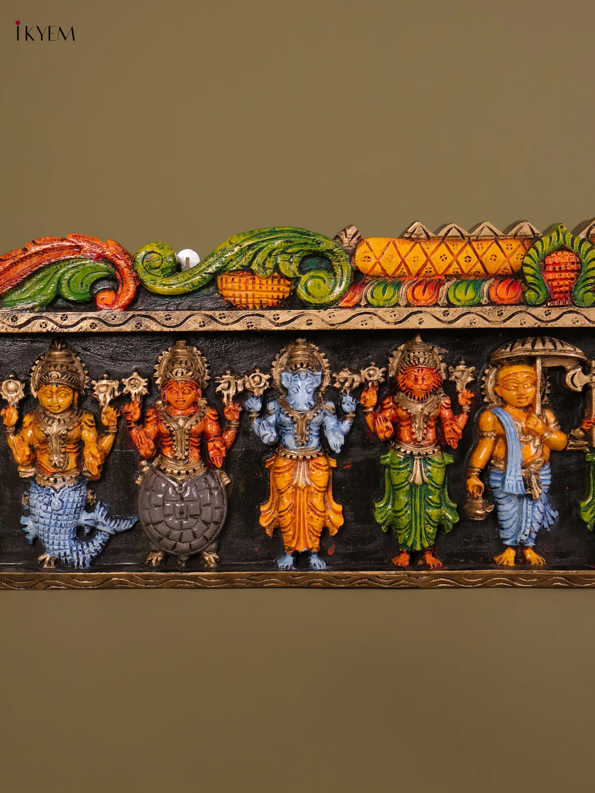 Wooden Hand Carved Painted Dasavatharam Panel(12x42)-KEF20097 - Image 3