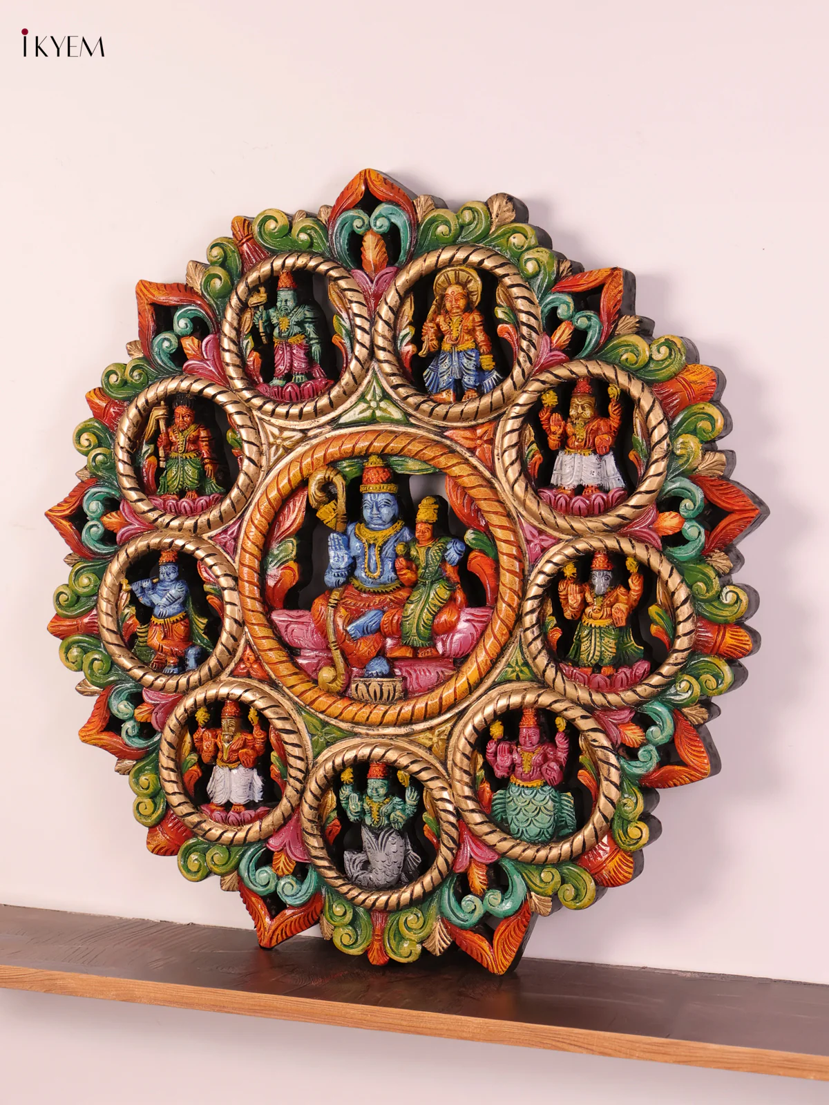 Wooden Hand Carved Painted - Dasavatharam Circle panel - (32×32)-KEF20100 - Image 5