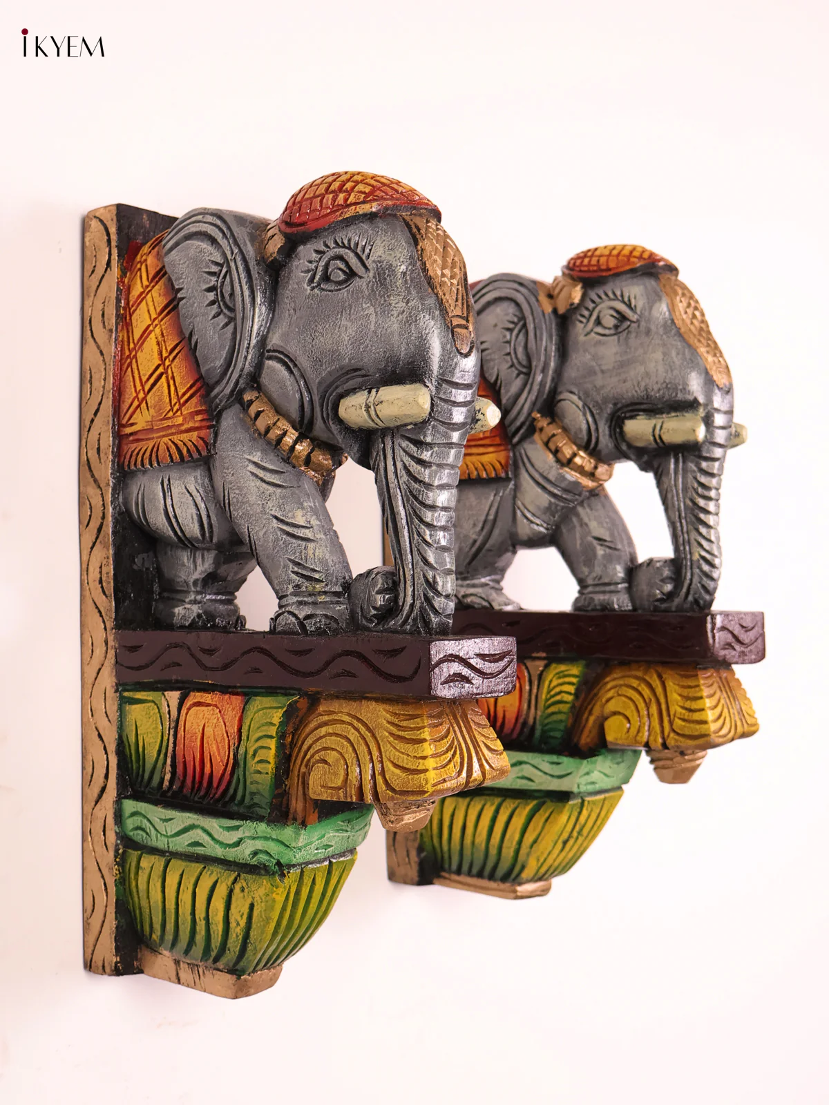 Wooden Hand Carved Painted -Elephant Wall Bracket Set 14X9-KEF20102
