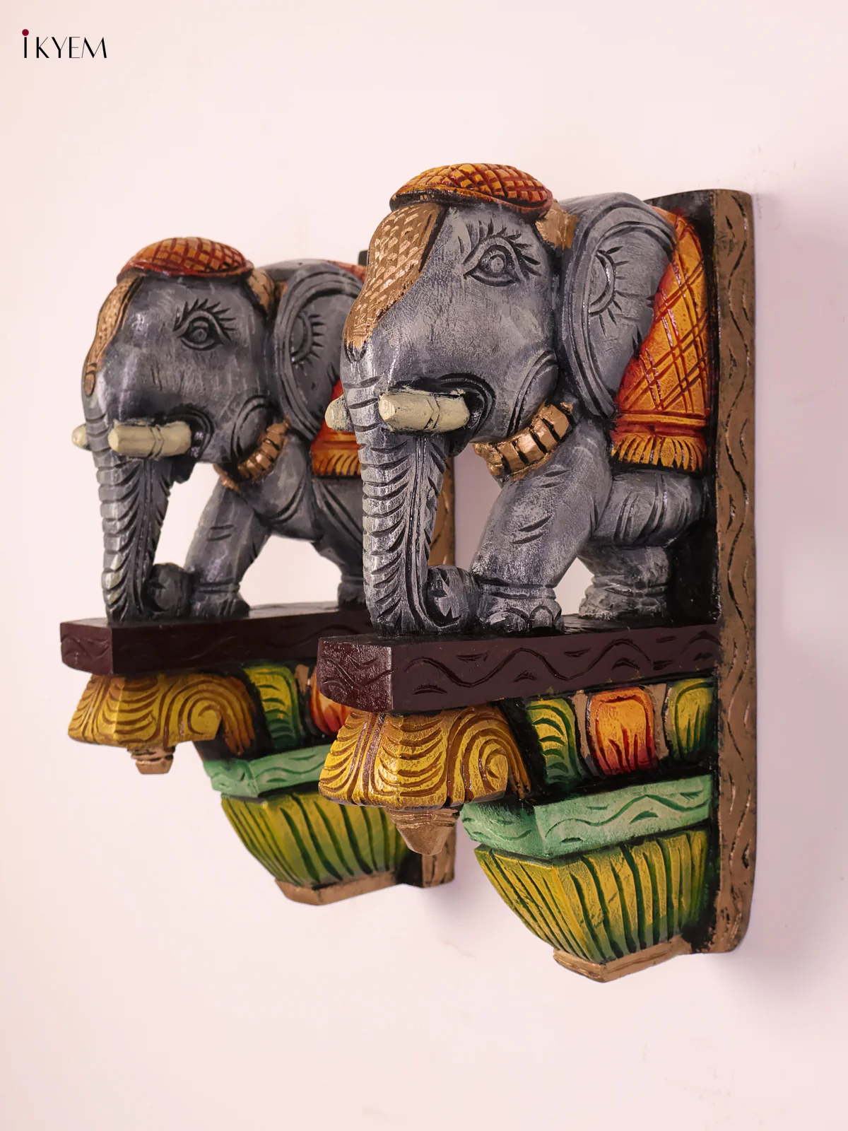 Wooden Hand Carved Painted -Elephant Wall Bracket Set 14X9-KEF20102 - Image 3