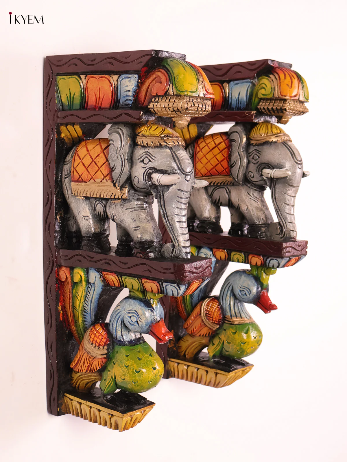 Wooden Hand Carved Painted -Elephant Wall Bracket Set 18X9-KEF20103 - Image 4