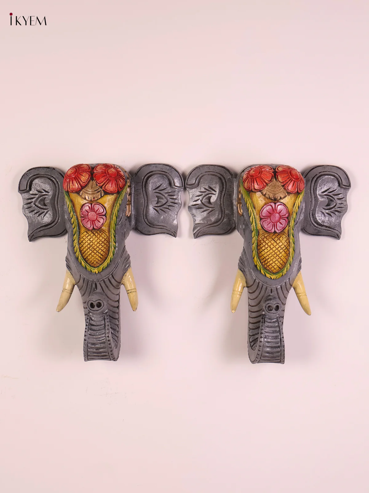 Wooden Hand Carved Painted -Elephant Head Wall Bracket Set 15x11-KEF20111