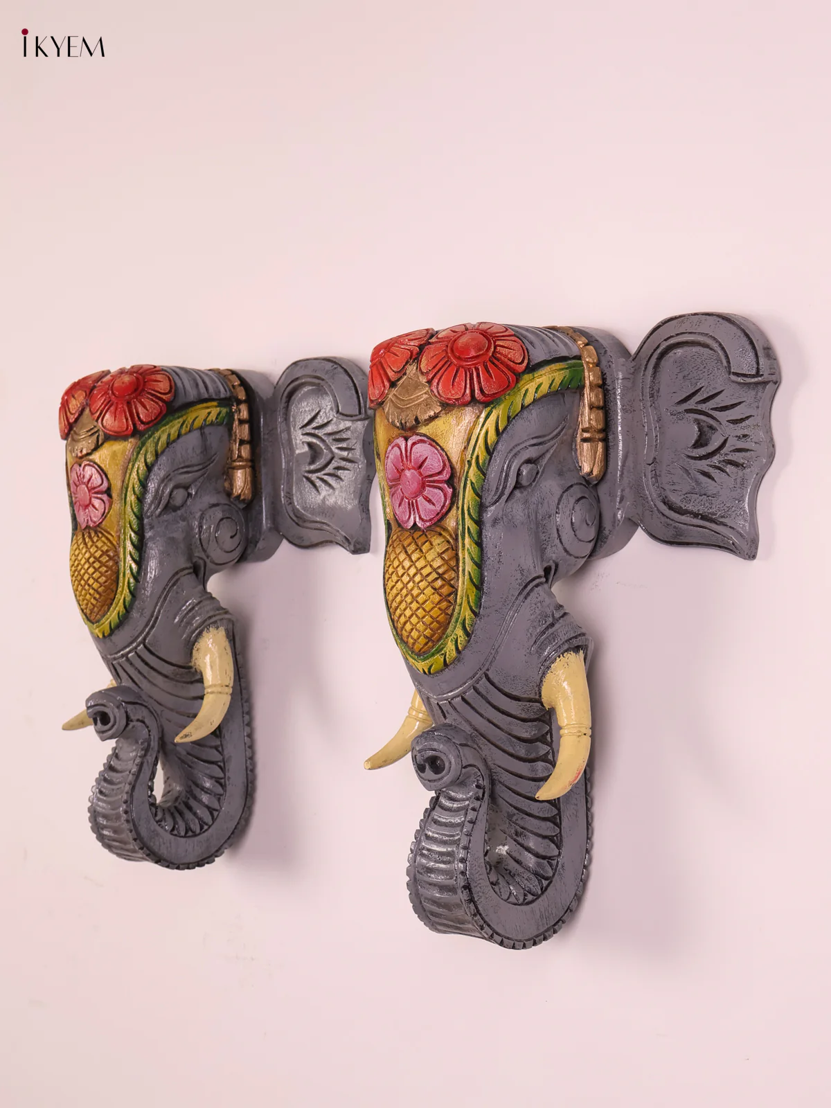 Wooden Hand Carved Painted -Elephant Head Wall Bracket Set 15x11-KEF20111 - Image 4