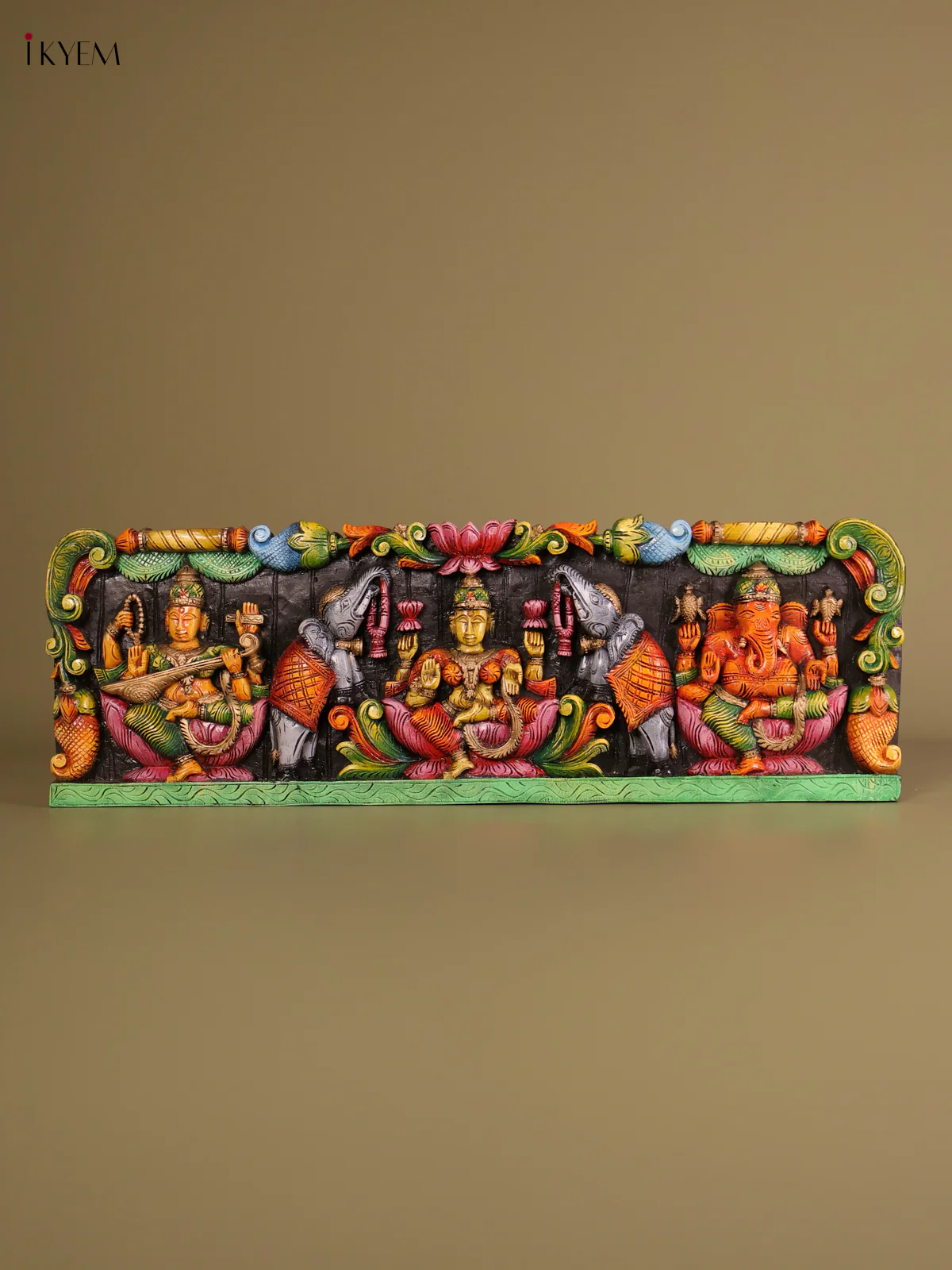 Wooden Hand Carved Painted -Ganesha Gaja Lakshmi Saraswathi Panel 12x36-KEF20113