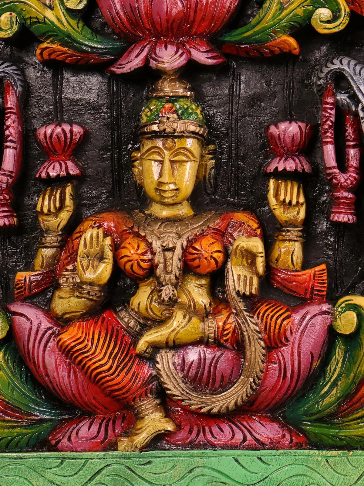 Wooden Hand Carved Painted -Ganesha Gaja Lakshmi Saraswathi Panel 12x36-KEF20113 - Image 2