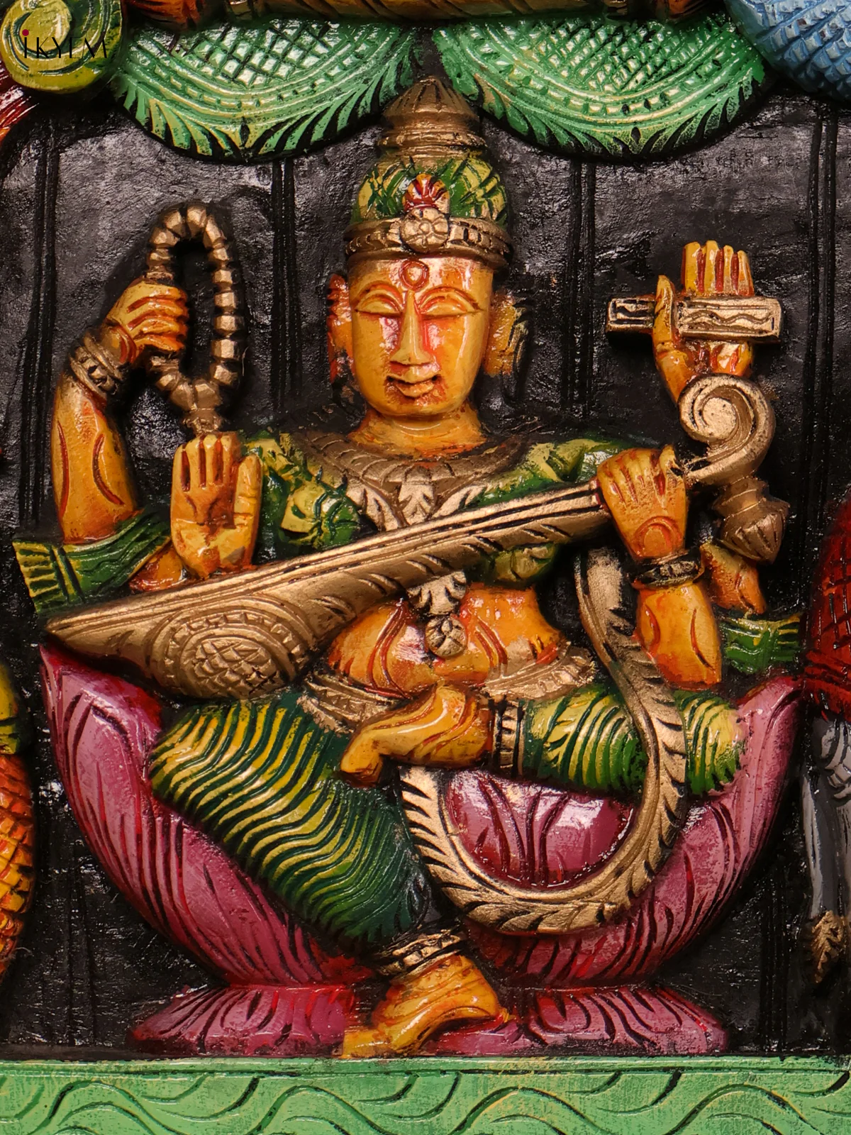 Wooden Hand Carved Painted -Ganesha Gaja Lakshmi Saraswathi Panel 12x36-KEF20113 - Image 4