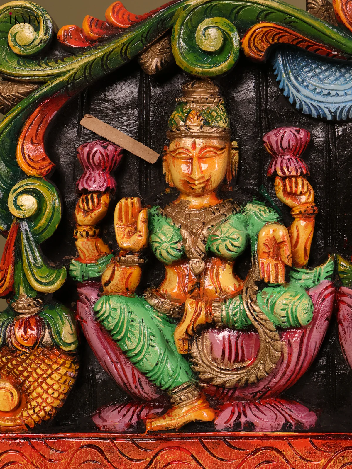 Wooden Hand Carved Painted -Ganesha Lakshmi Saraswathi Panel 12x24-KEF20114 - Image 3