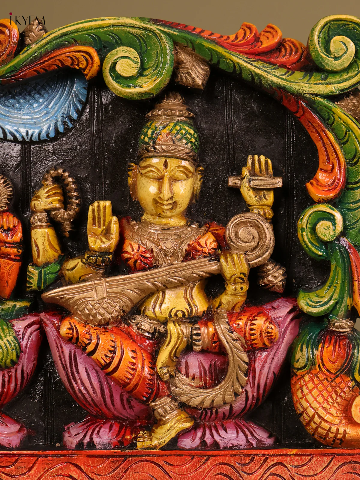 Wooden Hand Carved Painted -Ganesha Lakshmi Saraswathi Panel 12x24-KEF20114 - Image 4