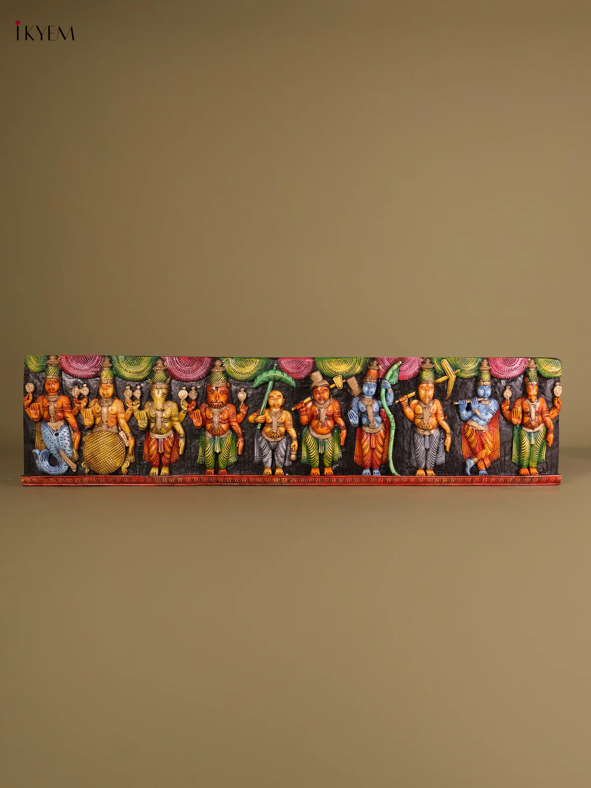 Wooden Hand Carved Painted-Dasavatharam Panel 12x48-KEF20115