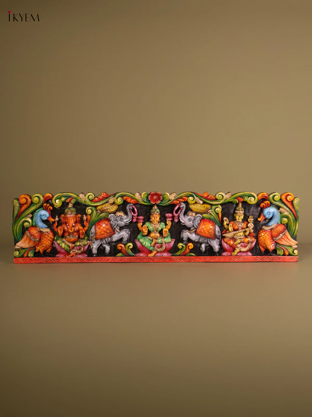 Wooden Hand Carved Painted-Gajalakshmi Panel 12x48-KEF20116