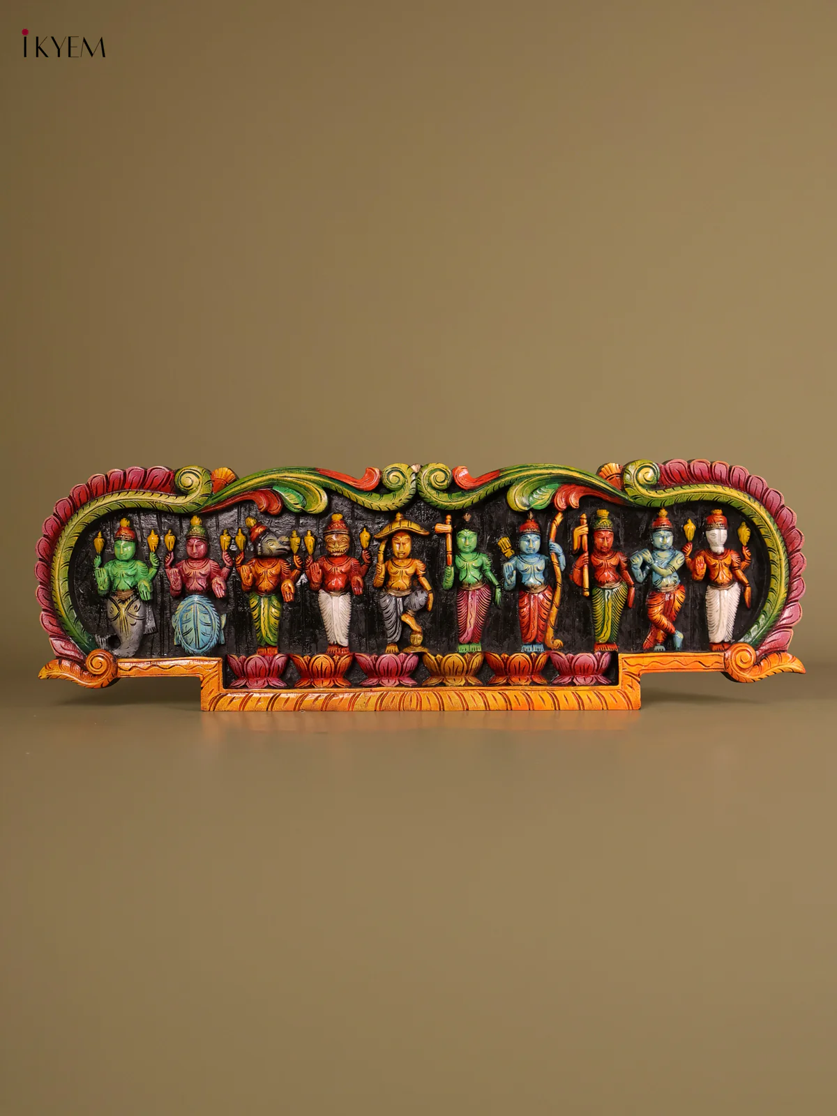 Wooden Hand Carved Painted-Dasavatharam Panel 12x36-KEF20119