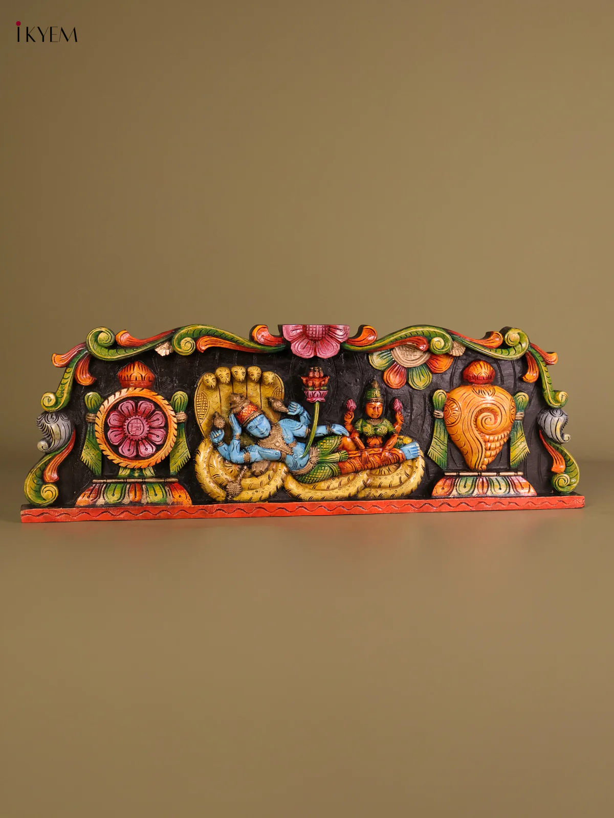 Wooden Hand Carved Painted-Lord Vishnu Panel 12x36-KEF20121 - Image 4