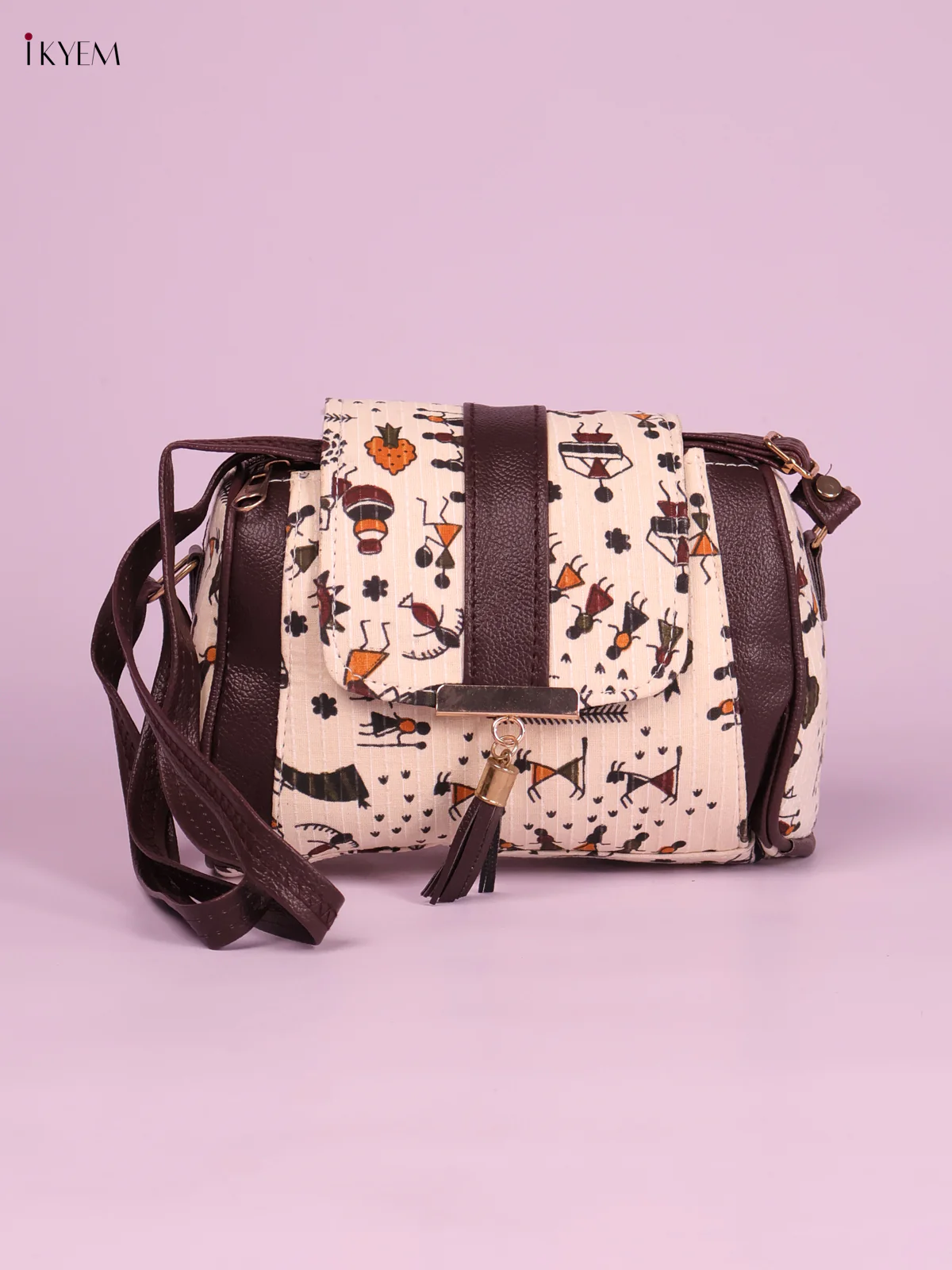 Printed Sling Bag Warli Design-Cream-KEG02014